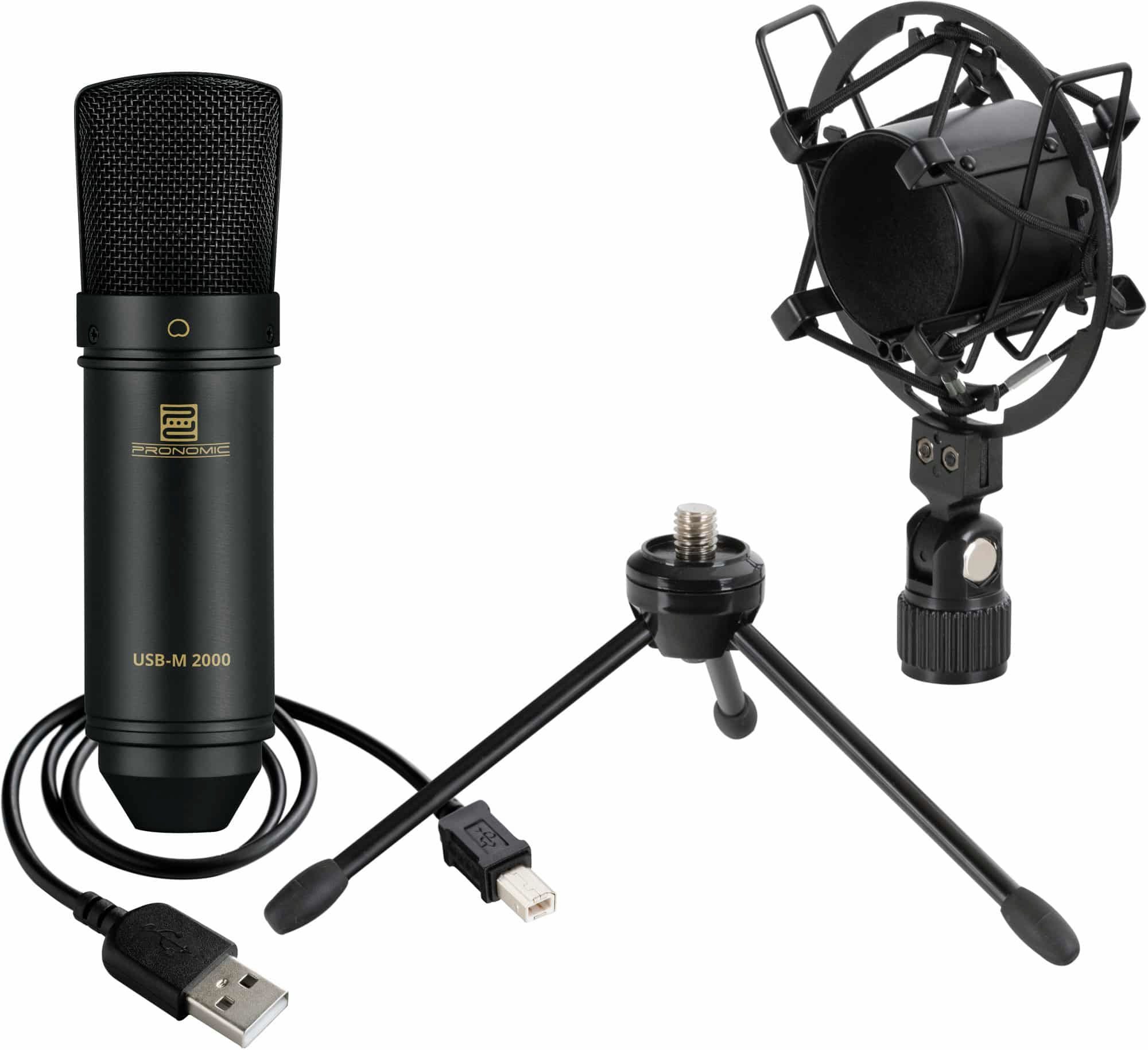 Pronomic Mikrofon USB-M 2000 BK Kondensatormikrofon - USB Plug & Play Studiomikrofon (USB-Kondensatormikrofonset, 4-tlg), inkl. Mikrofonspinne, Tischstativ & USB Kabel