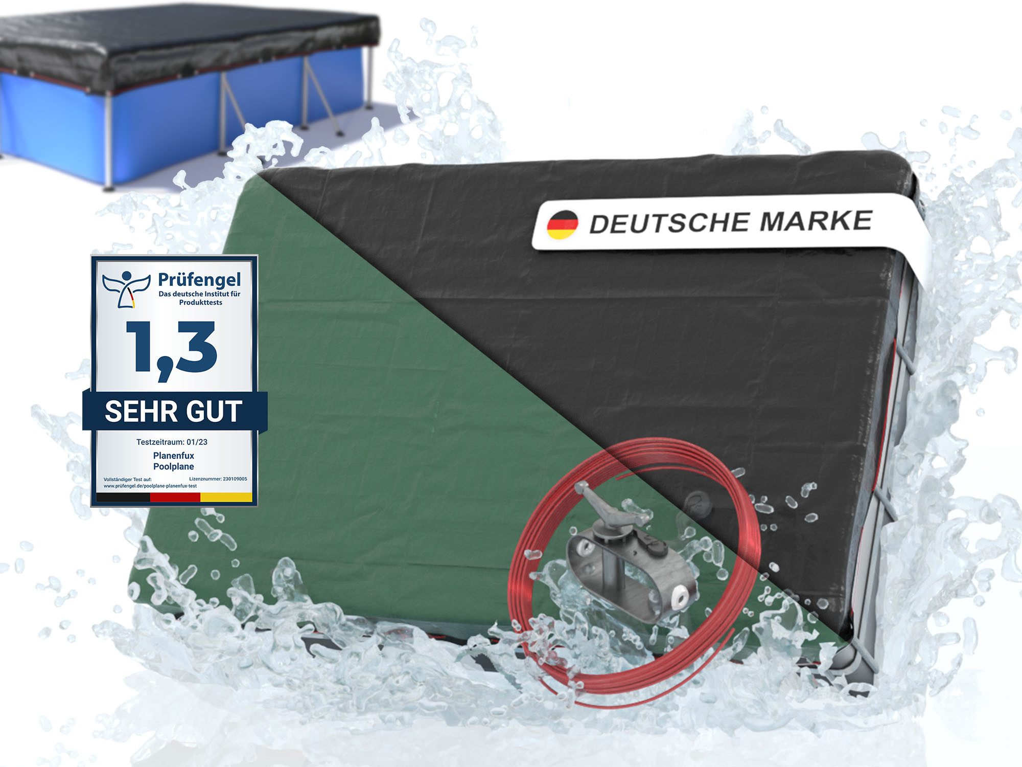 Planenfux® Pool-Abdeckplane Winterabdeckung rechteckig UV-beständig PE (Poolplane mit Stahlseil, inkl. Seilspanner), beidseitig 200 g/m² wetterfest