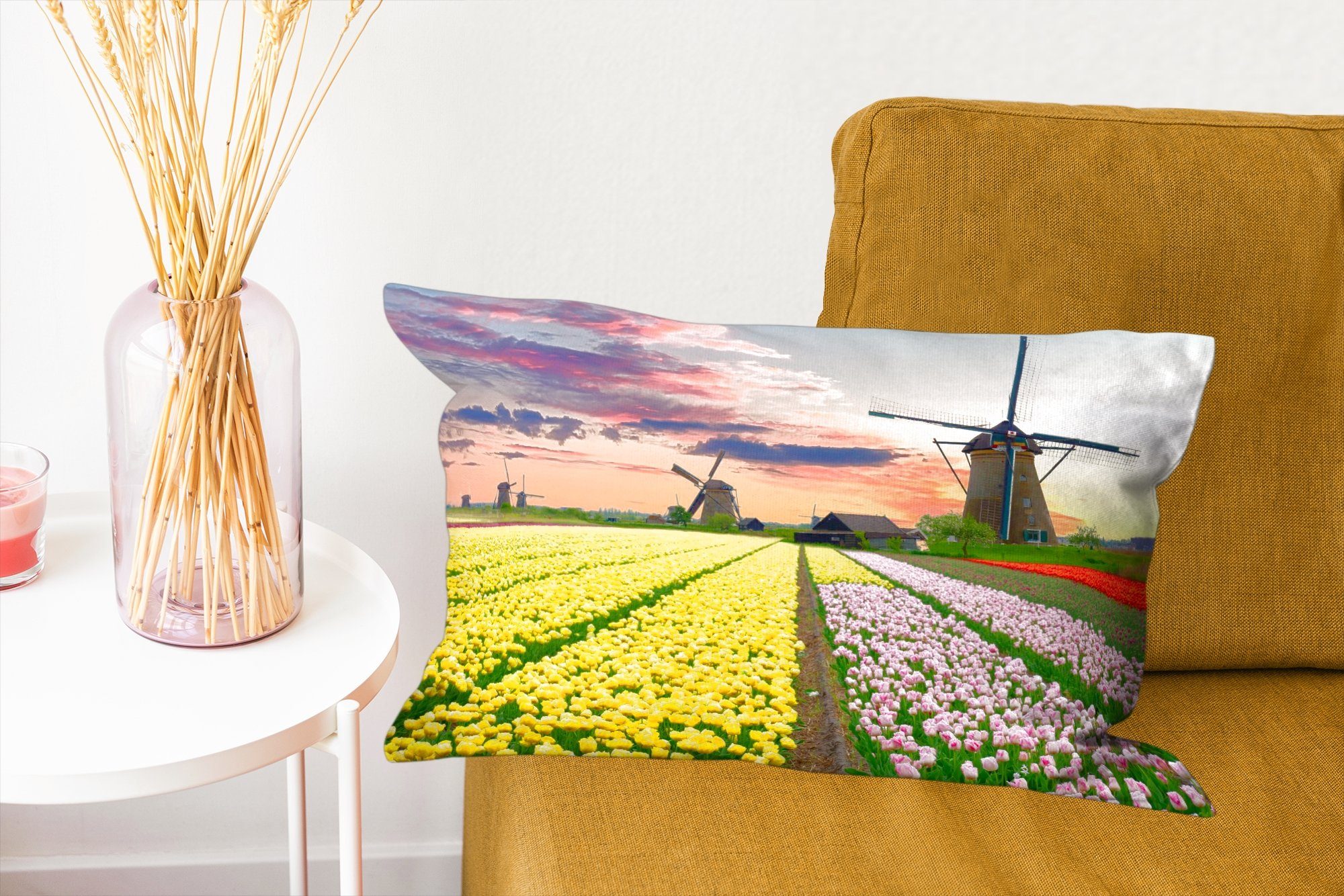 Niederlande, mit - Windmühle Dekokissen Zierkissen, Wohzimmer - Blumen Füllung, Tulpen Dekokissen Dekoration, MuchoWow - Schlafzimmer