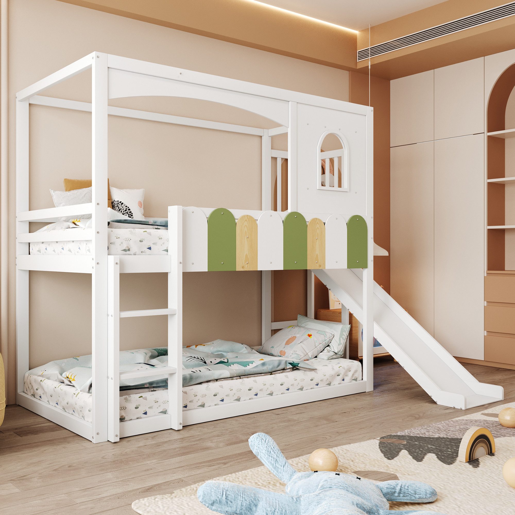 i@home Etagenbett Kinderbett, Hochbett, 90*200, Hausförmiger Rahmen Mit Fenstern, Mit Rutsche und Sicherheitsleiter