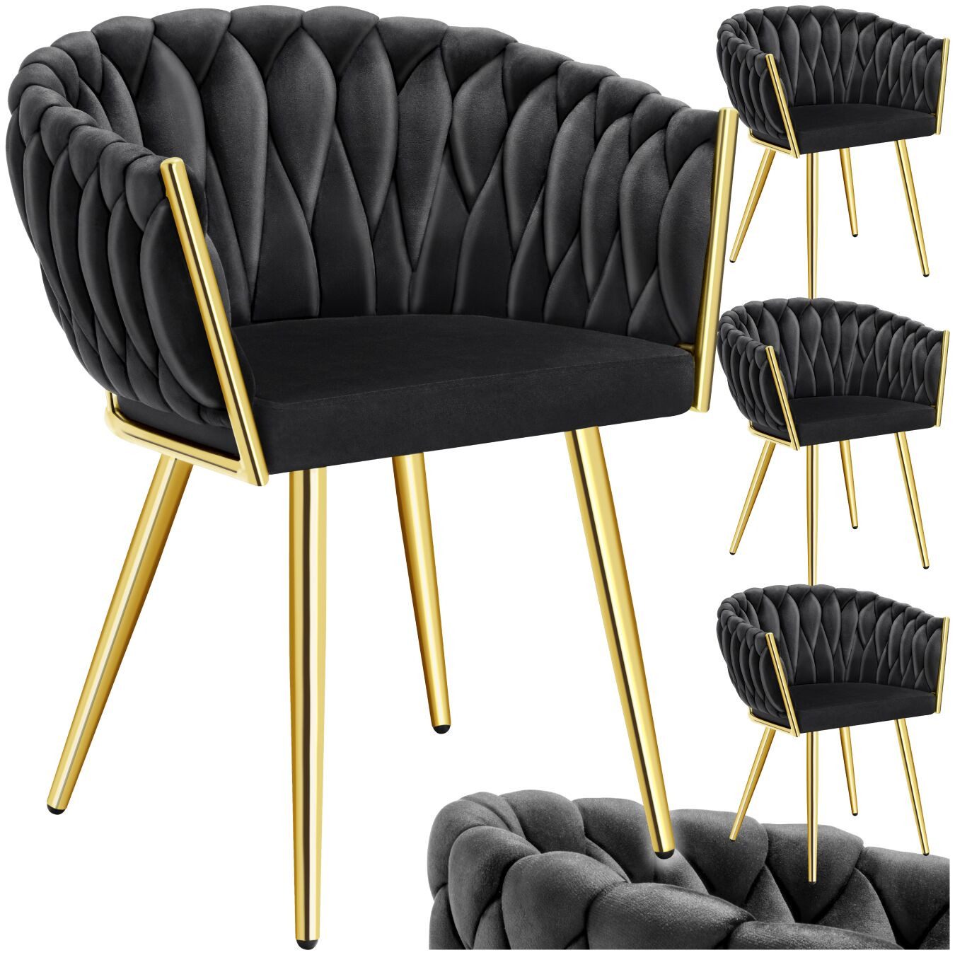 tectake Esszimmerstuhl Samtstuhl gepolstert, mit Samtbezug, Knotendesign, 60,5 x 55 x 75 cm (Polsterstuhl Astano in schwarz/gold, 4 St), Stahlbeine, höhenverstellbare Kunststofffüße, Belastbarkeit 120 kg