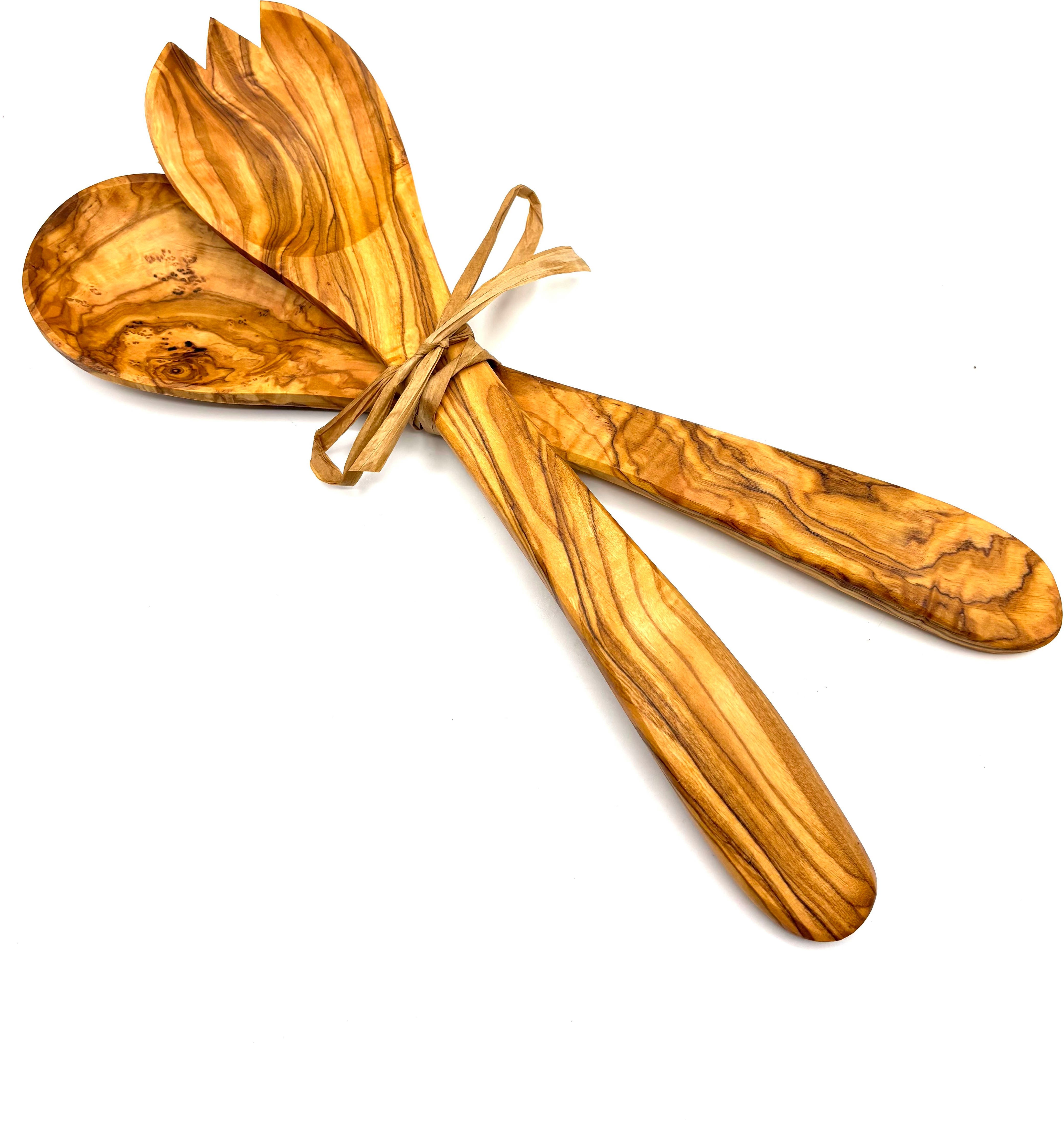 Olivenholz-erleben Salatbesteck Salatbesteck mittel mit Bastband (Set, 2-tlg., 1x Salatlöffel, 1x Salatgabel), Stilvoll Salate servieren – ein echter Blickfang auf dem Tisch.