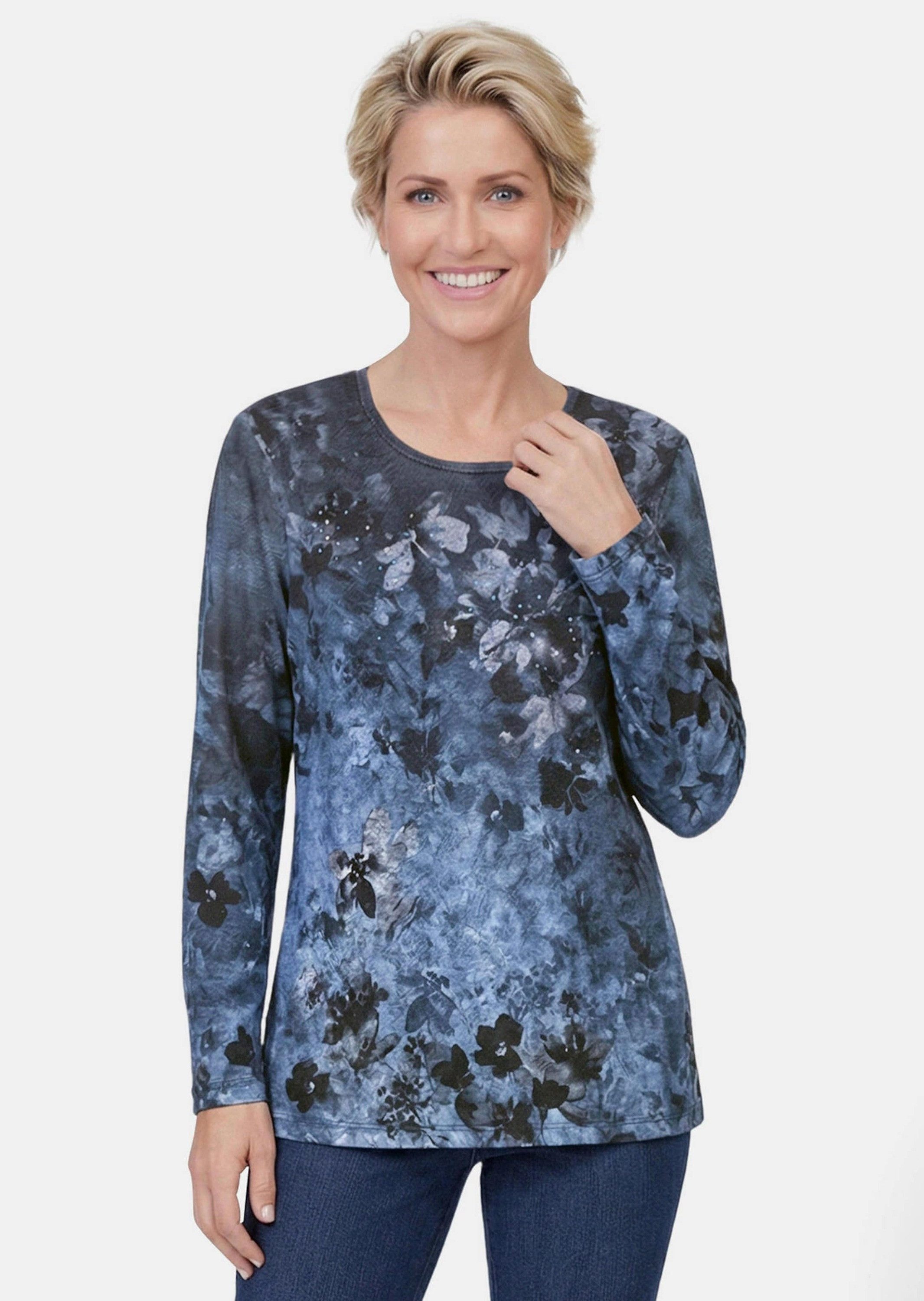 GOLDNER Langarmshirt Kurzgröße: Jerseyshirt mit Blütenranken Flauschiges Langarmshirt mit Glitzersteinen, Rundhals