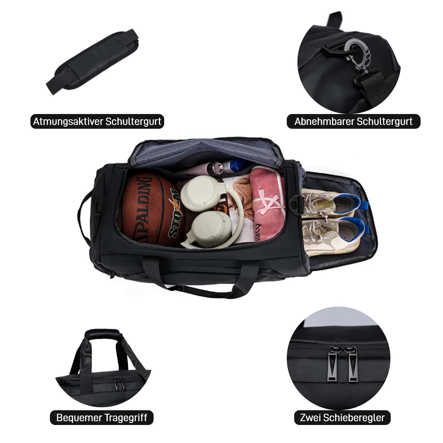 Forrlite Sporttasche Reisetasche mit Schuhfach und Nassfach, verstellbaren Schultergurten (40L Wasserdicht Fitnesstasche Trainingstasche für Herren Damen, Schwarz), Große Kapazität Travel Gym Tasche Duffle Bag Fitnesstasche