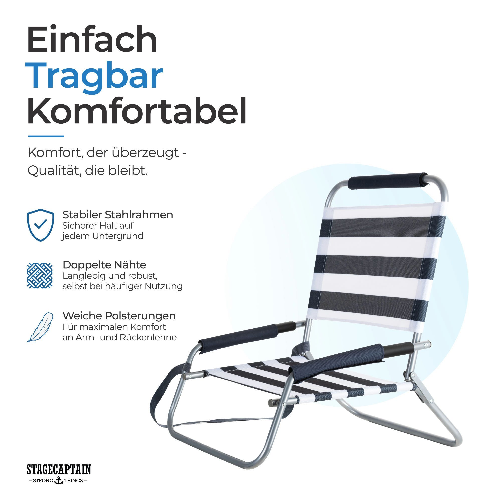 Stagecaptain Klappstuhl Strandstuhl klappbar leicht mit Schultergurt und Rückenlehne (1 St), Niedrige Sitzhöhe - alles griffbereit am Boden