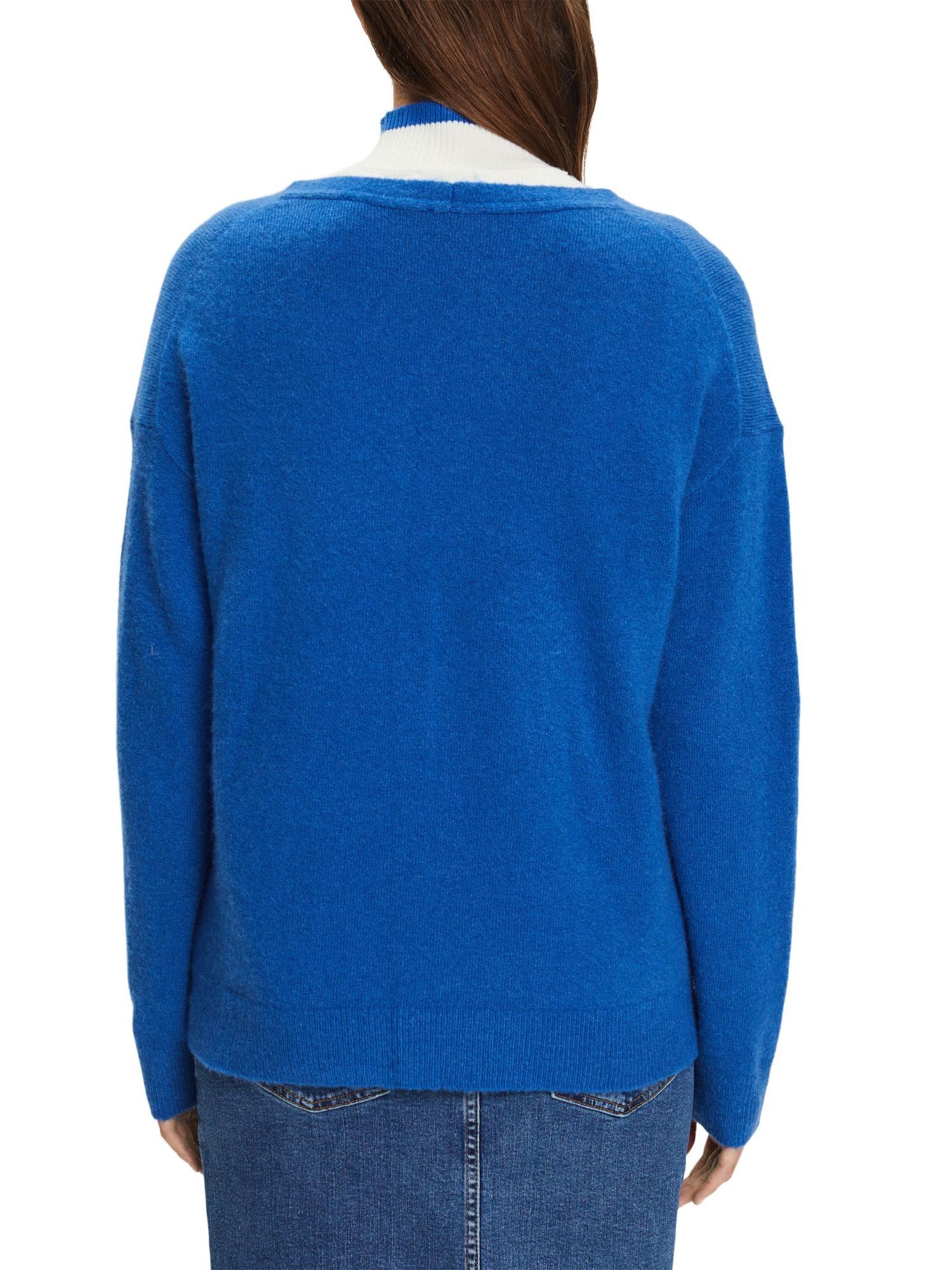 Esprit V-Ausschnitt-Pullover Wollmix-Pullover BRIGHT BLUE V-Ausschnitt mit