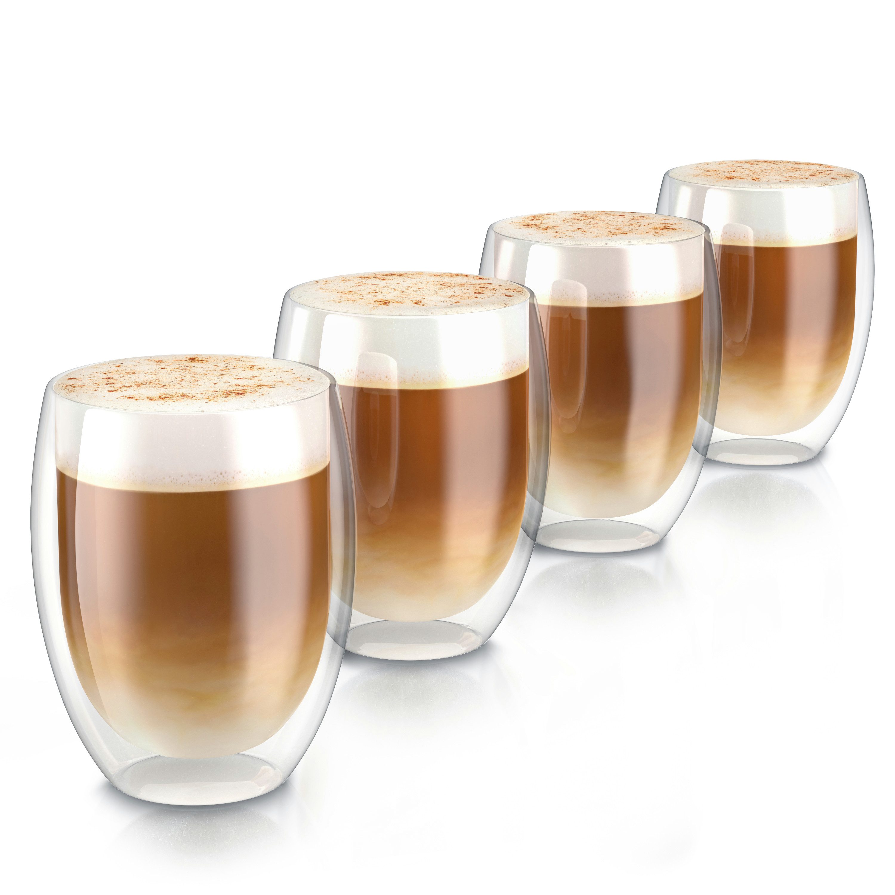 Arendo Gläser-Set doppelwandige Thermogläser, 350 ml Kaffeetasse, Trinkglas ohne Henkel, 4-tlg., Glas, für Latte Macchiato, Cappuccino, Tee, hitzebeständig spülmaschinenfest