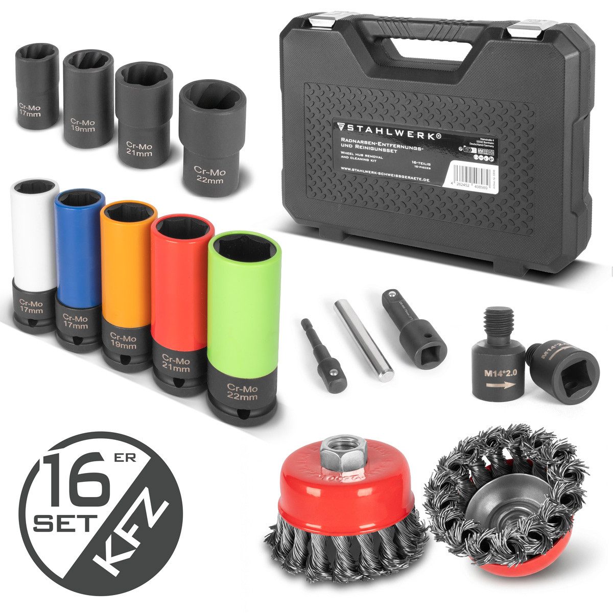 STAHLWERK Bit-Set 5 KFZ Stecknüsse 4 Ausdrehnüsse 17 22 mm 1/2" 2 Topfbürsten 16 Teile, Set, 1-St.