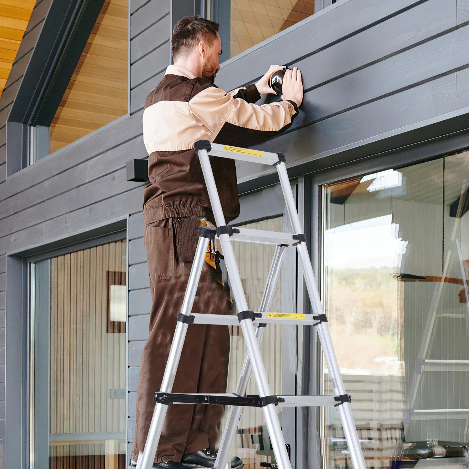 Clanmacy Premium Aluminum Telescopic Ladder, Extension Ladder, Folding Ladder, 2.0M Height, Silver (Telescopic Ladder, Extension Ladder, Folding Ladder, Sliding Ladder, Heavy-Duty Telescopic Ladder, High-Quality Aluminum Material), Effortless Portability, Independent Locking, Foolproof Operation