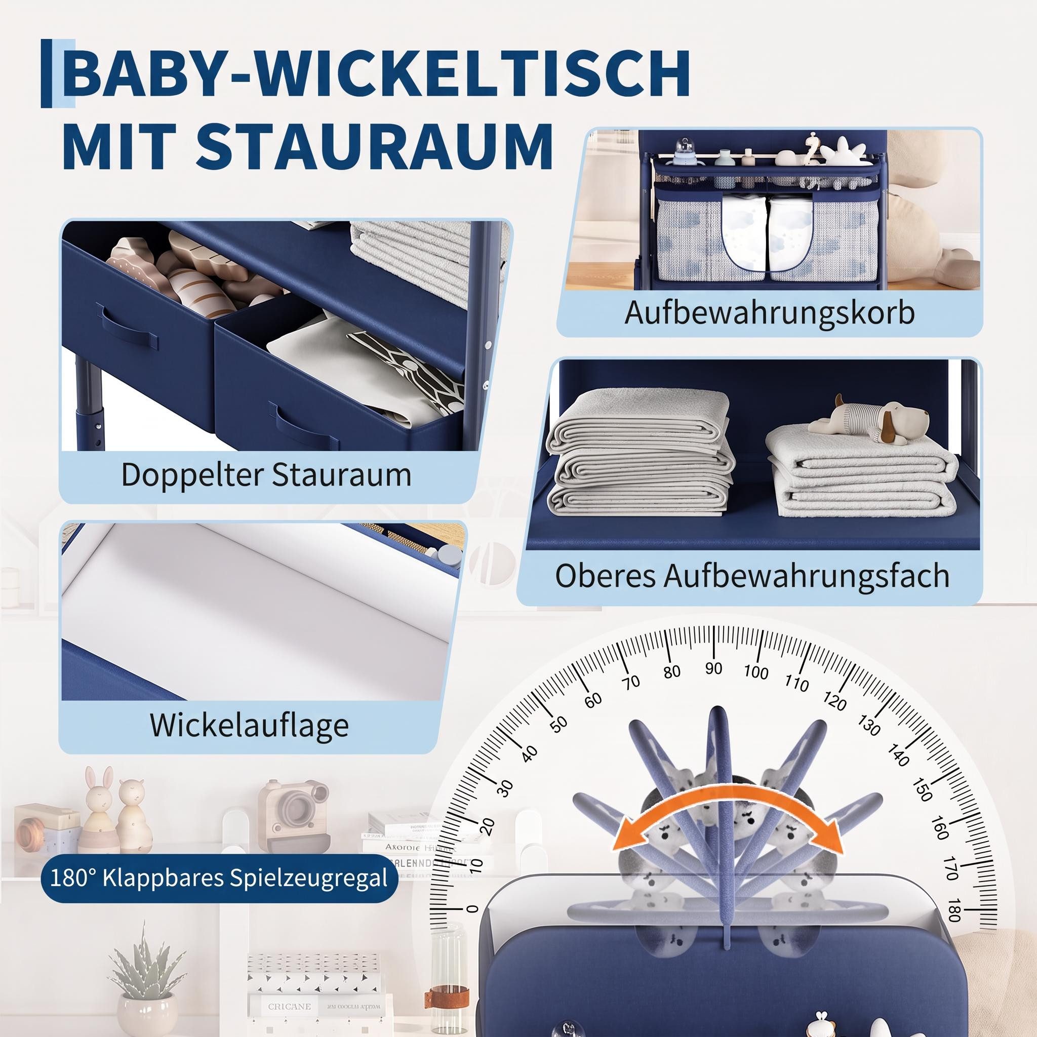 GarveeMore Wickeltisch Höhenverstellbarer Wickeltisch Klappbar, mit Rollen & Schubladen, Platzsparend klappbar, höhenverstellbar (97-105 cm) & mobil – Bild 3 von 5