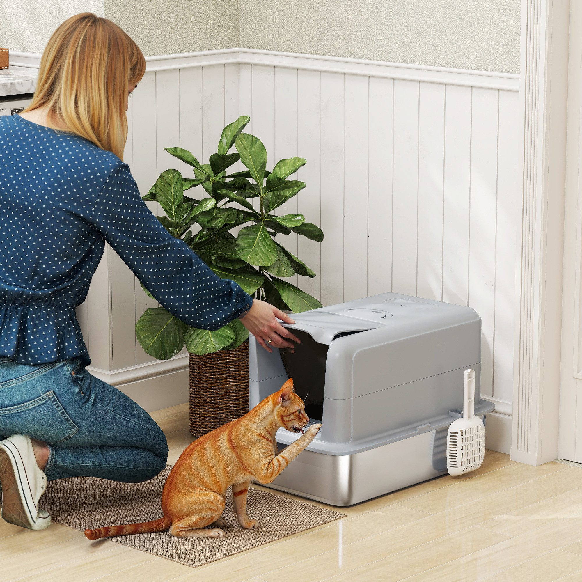 PawHut Katzentoilette Katzenklo Edelstahl XXL mit Deckel mit Wanne, für große Katzen, für Katzen bis 6 kg, Grau