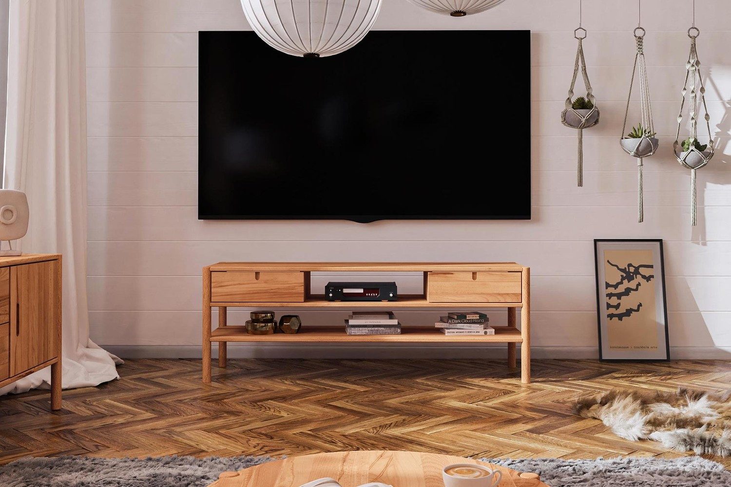 Natur24 Lowboard TV-Board Zola Kernbuche massiv 160x59cm mit 2 Schubladen