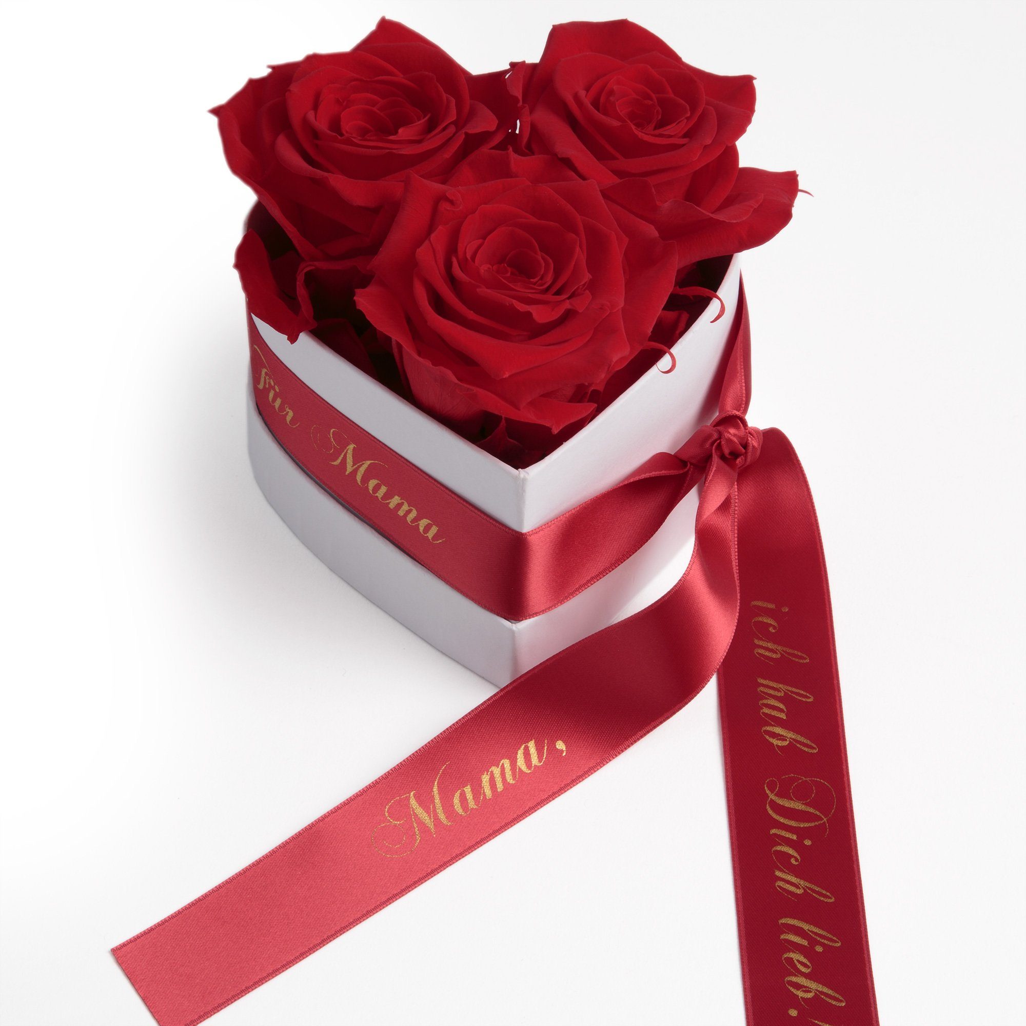 Kunstblume Rosenbox Herz 3 Infinity Rosen Mama, ich hab Dich lieb Geschenk Rose, ROSEMARIE SCHULZ Heidelberg, Höhe 10 cm, echte Rosen haltbar bis zu 3 Jahre Rot