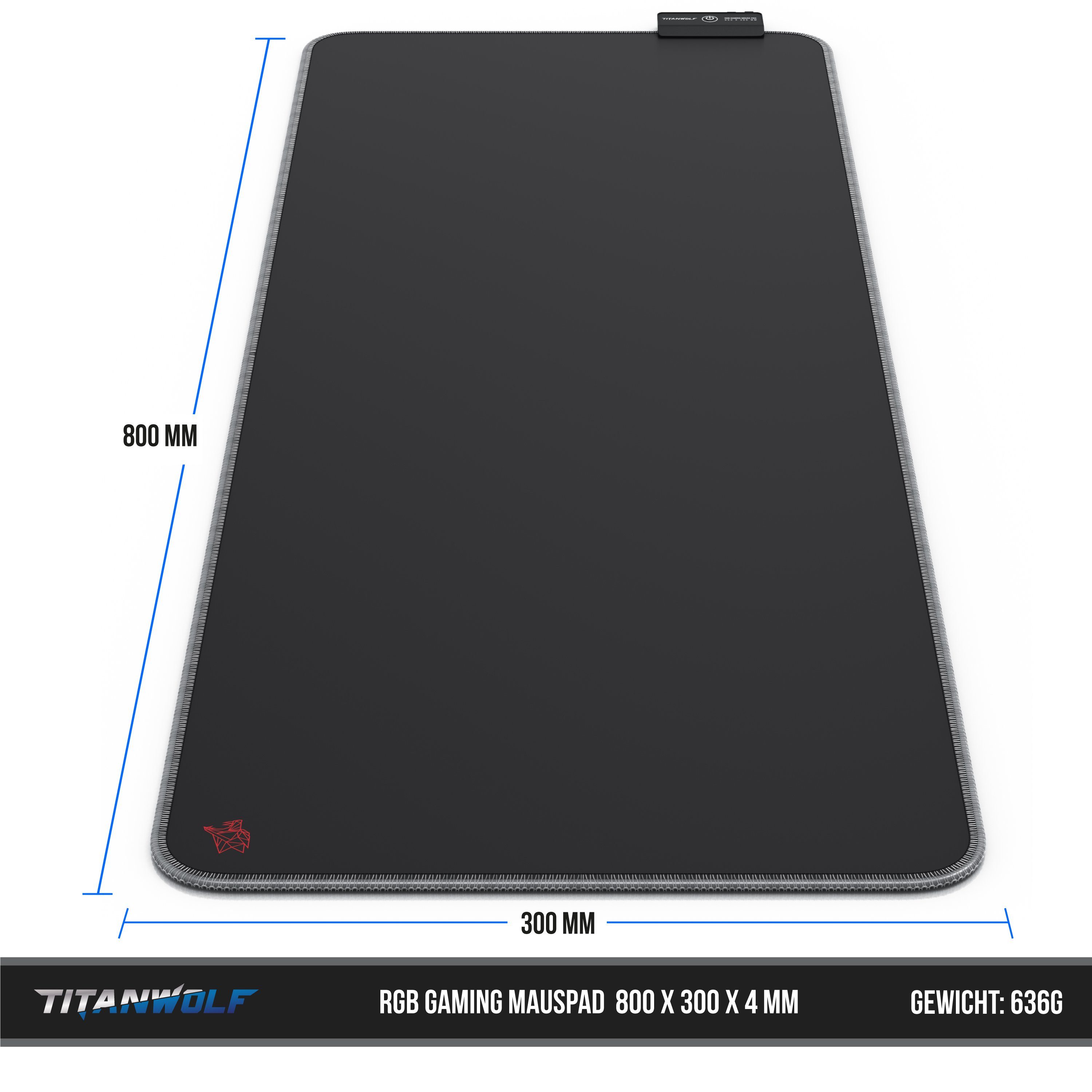Titanwolf Gaming Mauspad RGB Mousepad 800 x 300 x 3 mm, LED Multi Color XL Tischunterlage (1-St), rutschfest, abwaschbar, Geschwindigkeit & Präzision, Emblem ro – Bild 4 von 5