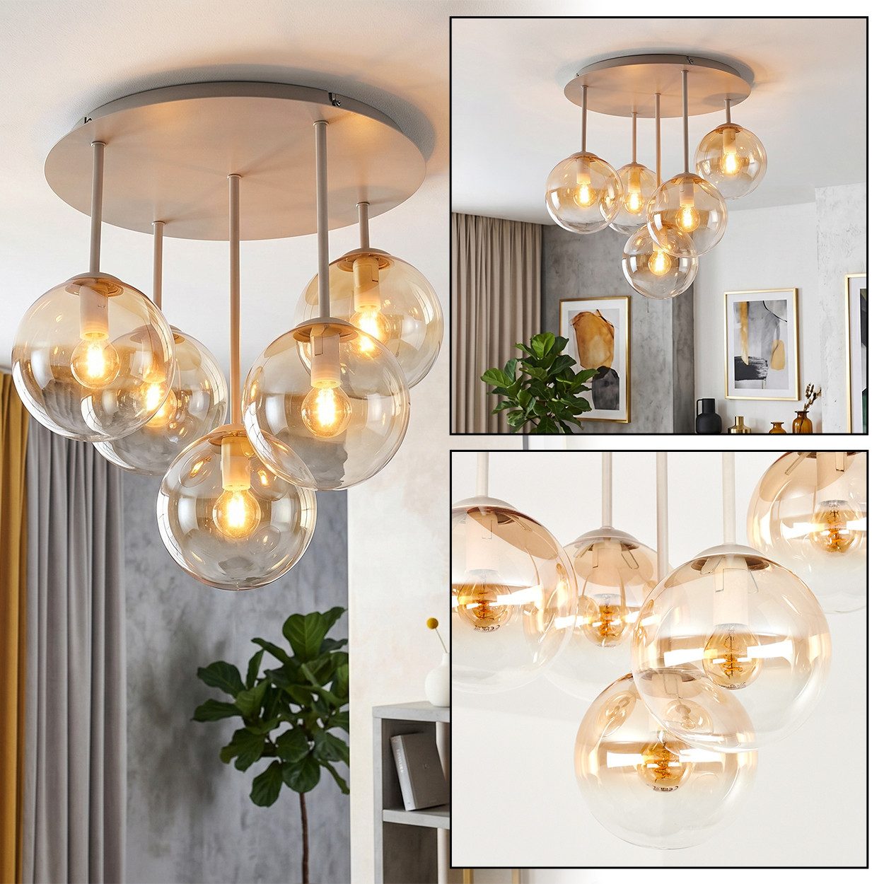 hofstein Deckenleuchte Deckenlampe aus Metall/Glas in Sandfarben/Weiß/Bernsteinfarben/Klar, moderne Deckenleuchte im Retro/Vintage-Design, 5 x E14