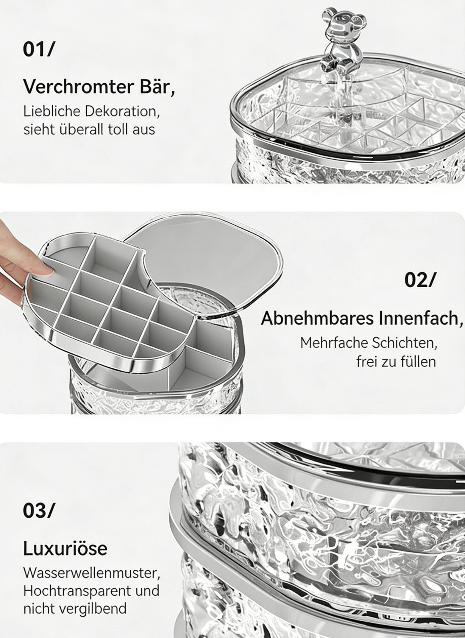 HoyoLee Handels GmbH Aufbewahrungsbox 3-stöckige Schmuckbox mit Wellenmuster und durchsichtigem Deckel