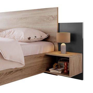 BlingBin Polsterbett Doppelbett Holzbett mit 2 Nachtkommoden 160 x 200 cm Eiche (Lattenrost und Kopfteil Ohne Matratze), Gesamtabmessung: 205.5x235x76.5 cm
