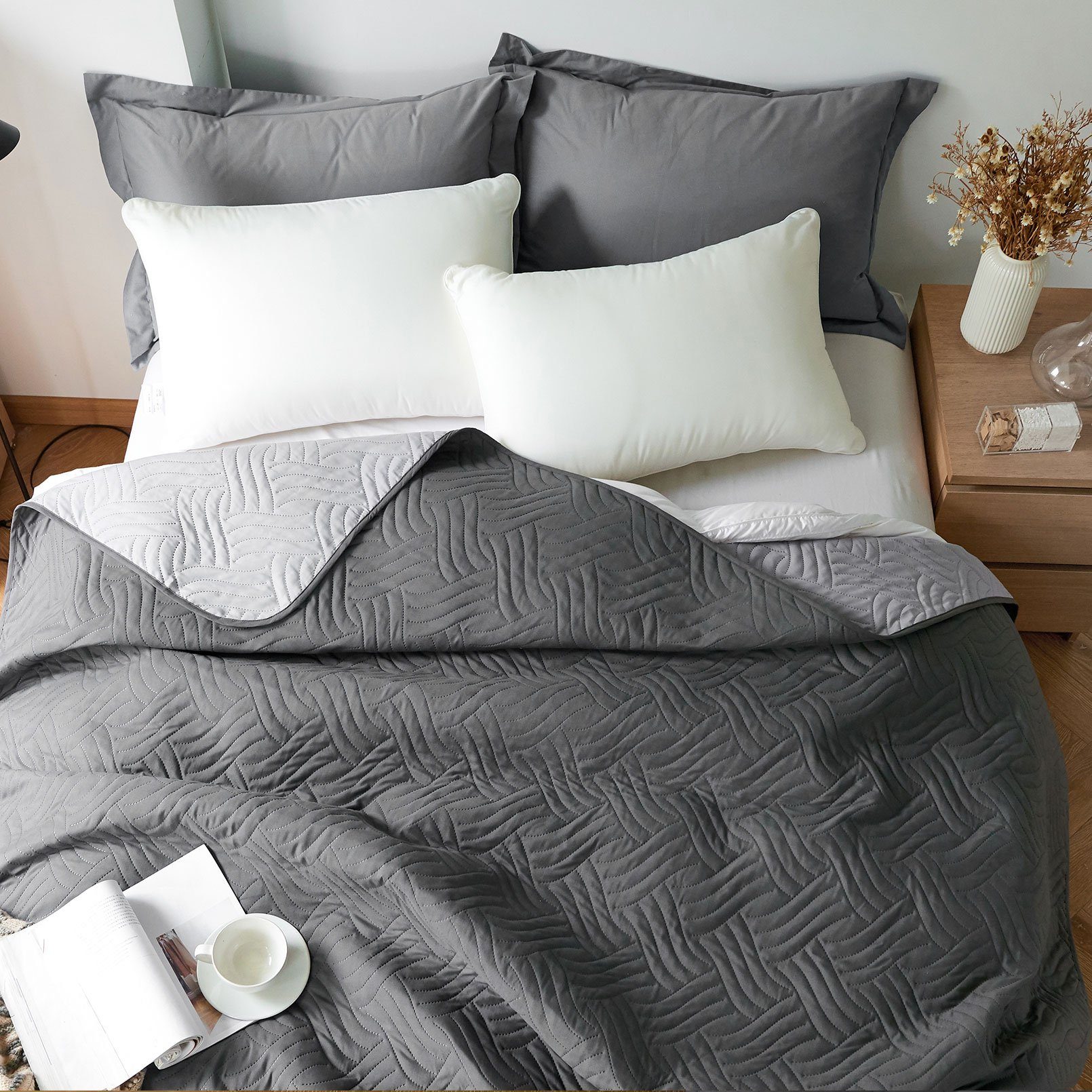 Bettüberwurf Kunstfaser, aus Tagesdecke Doppelbetten oder KEAYOO, für Einzelbetten TD, Hell&DunklegrauWelle 100%