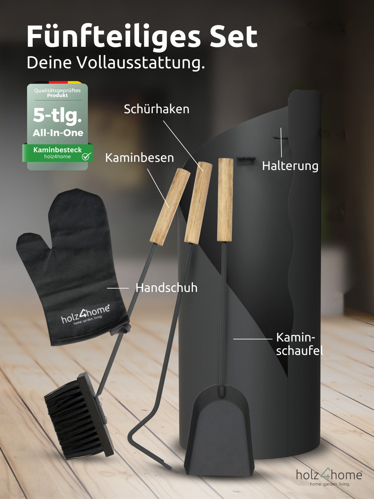 holz4home® Kamingarnitur Kaminbesteck 5-tlg. Grauschwarz mit Holzgriff inkl. Ofenhandschuh, Komplettset
