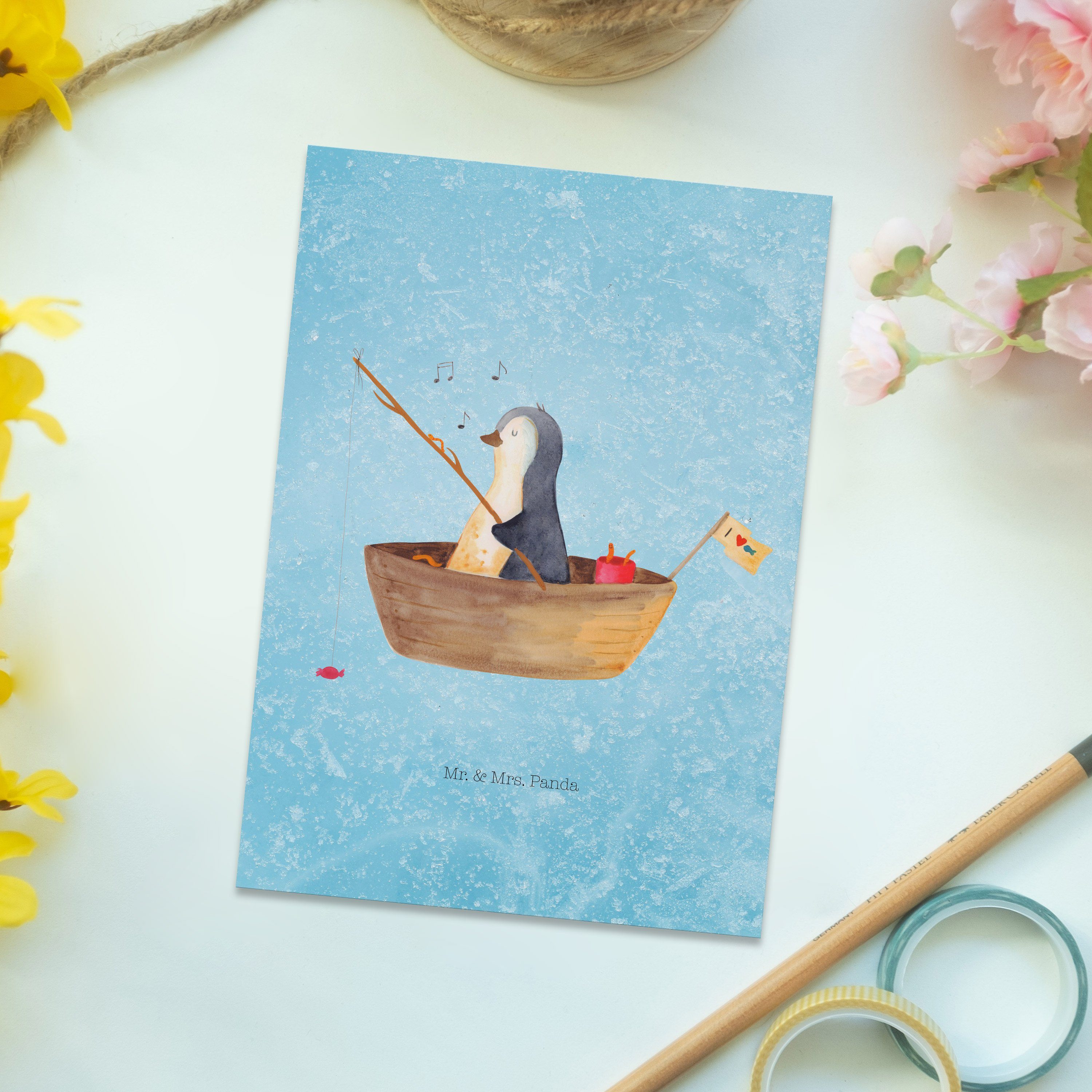 Postkarte Pinguin Geschenk, & Angelboot Mr. Mrs. Ne - - Eisblau Panda Ansichtskarte, Motivation,