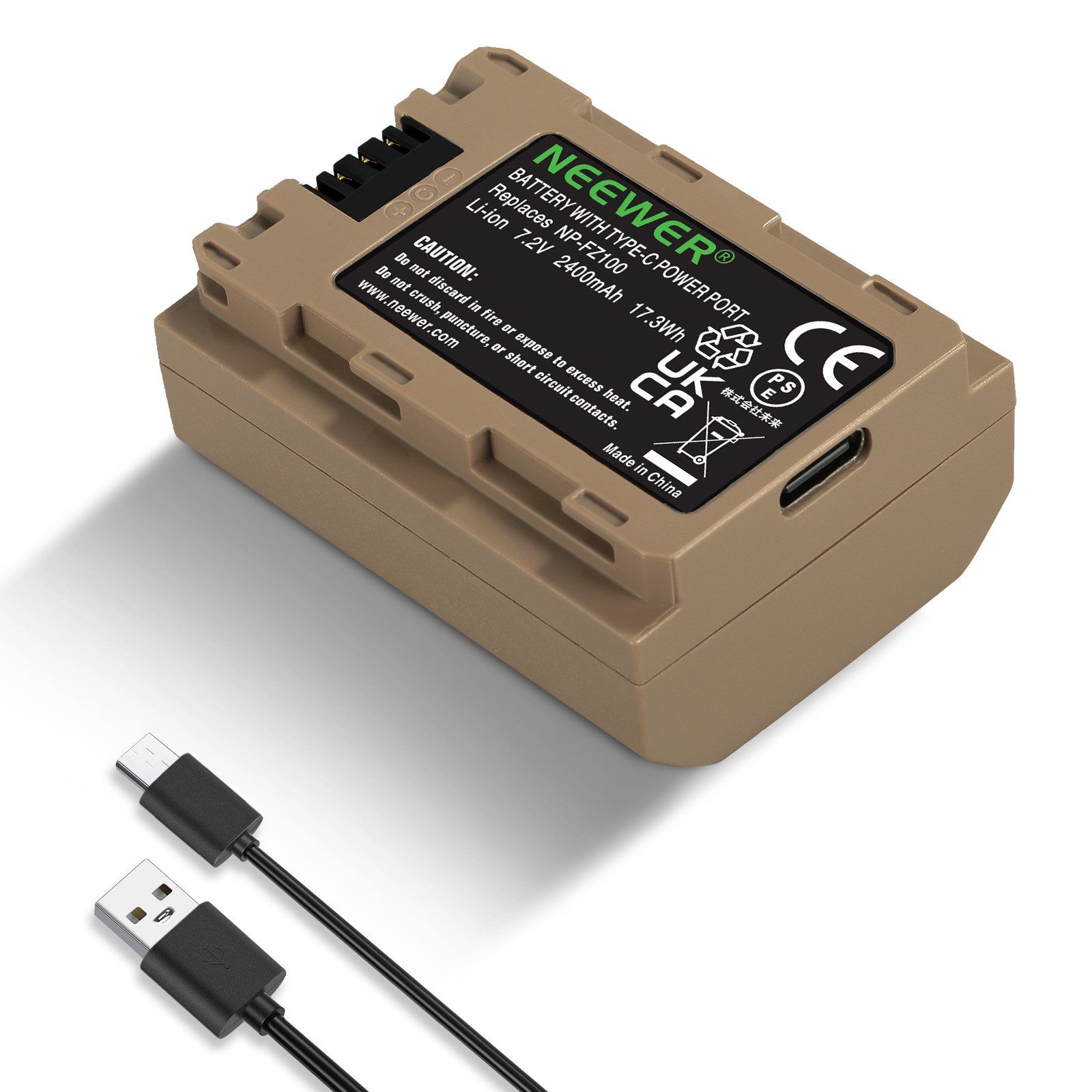Neewer T-NP-FZ100 Akku 2400mAh, USB-C-Ladekabel, Schnellladung Kamera-Akku 2400 mAh (1 St), Ersatzbatterie für Sony A7CII ZV-E1 A6700 A7III FX3 A9II Kameras