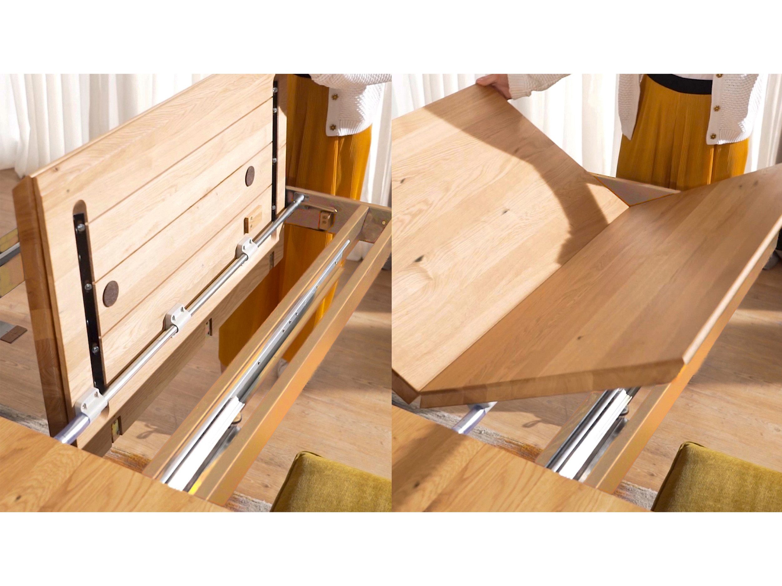 Massivart® Esstisch Wildeiche Massivholz geölt, ausziehbar / Spider-Gestell Holz / RICARDO, Schweizer Kante • innenliegender Butterfly-Auszug • Natur Pur