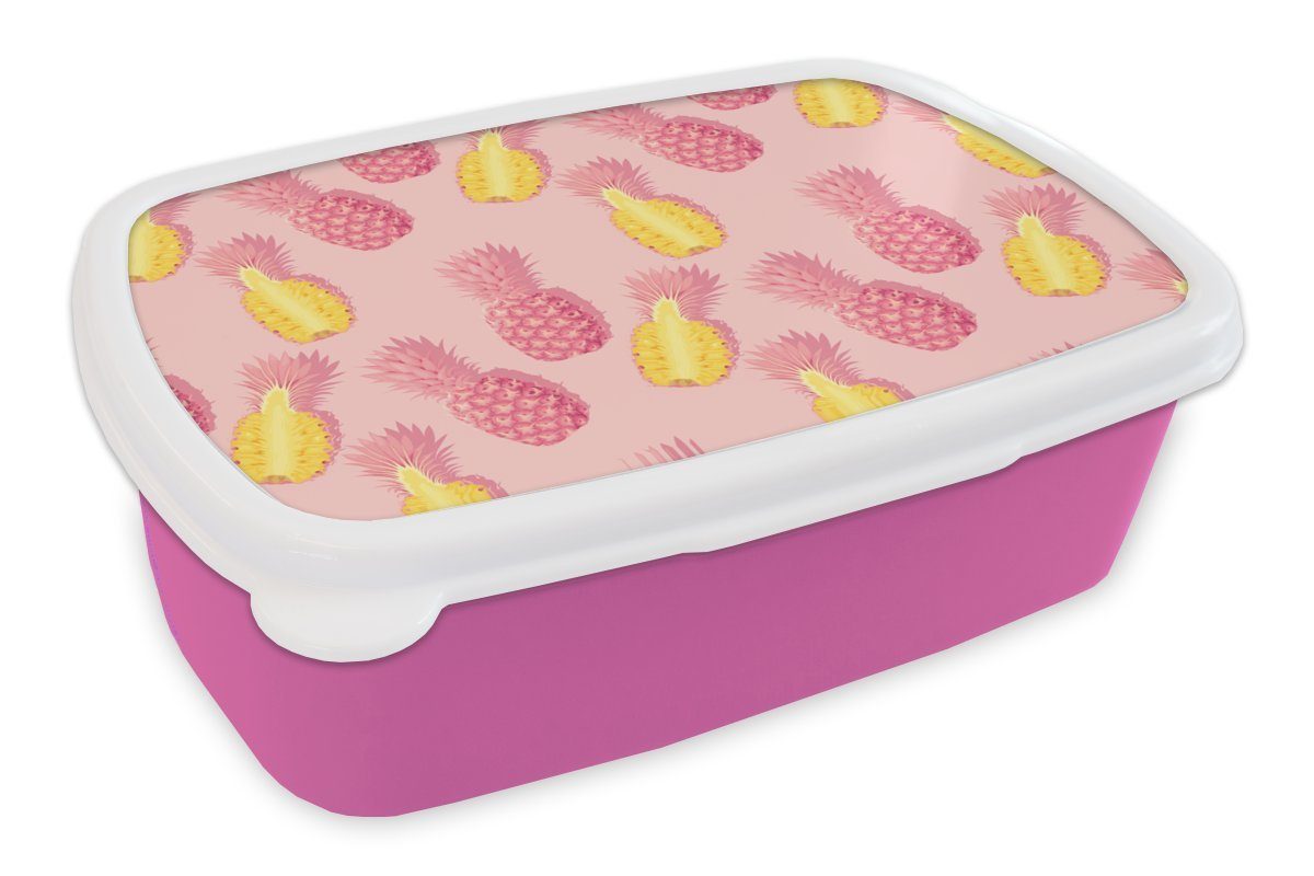 MuchoWow Lunchbox Sommer - Ananas - Gelb - Rosa, Kunststoff, (2-tlg), Brotbox für Erwachsene, Brotdose Kinder, Snackbox, Mädchen, Kunststoff