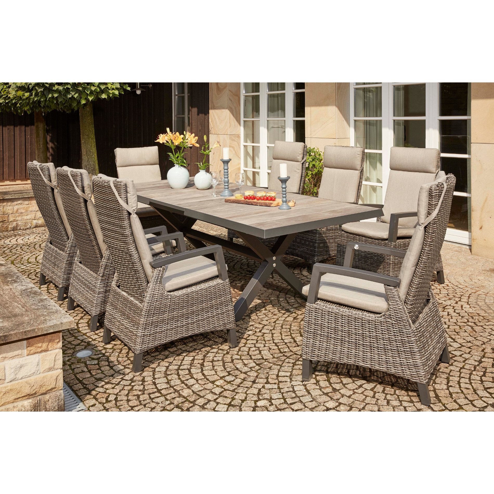 Siena Garden Garten-Essgruppe Corido/Sincro, (Gartenmöbel-Set, 9-tlg., Ausziehtisch mit 8 Diningsesseln), Alu/Polyrattan/Keramik, inkl. Polster, Sessel verstellbar