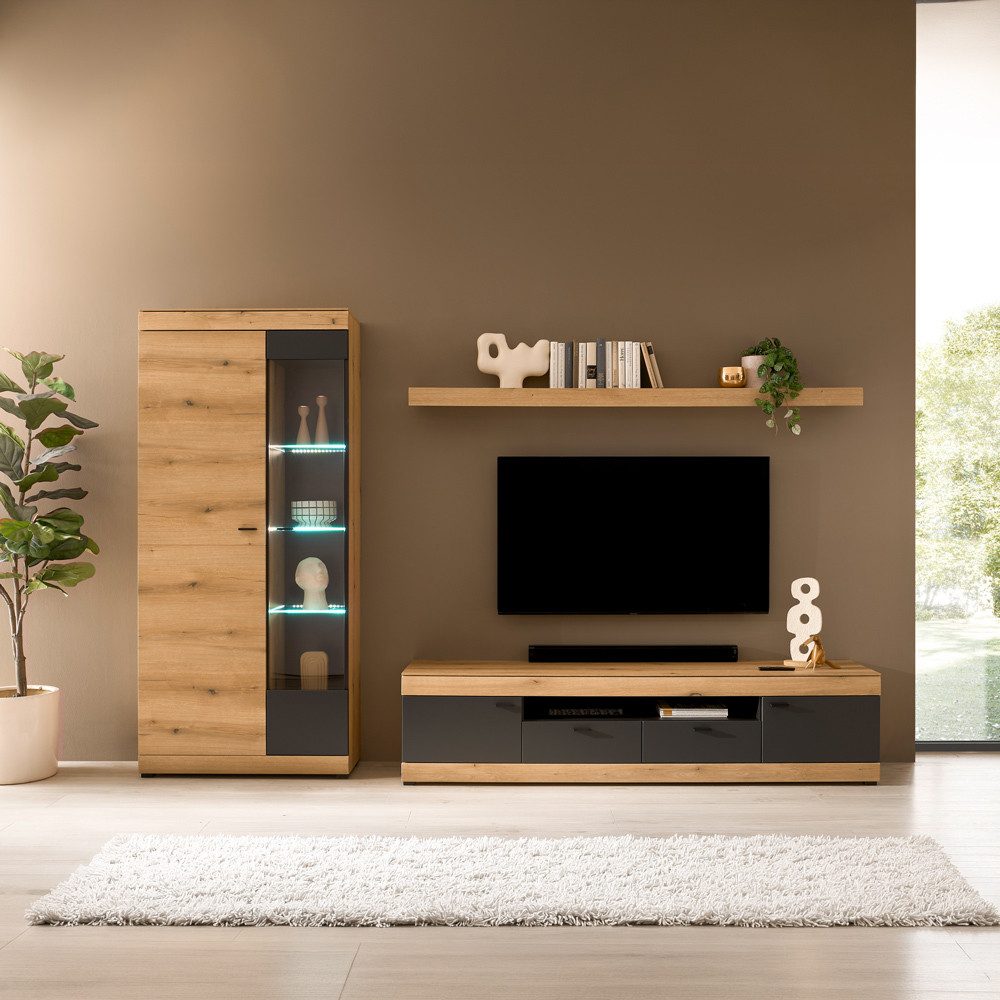 Lomadox Wohnwand SANZA-61, (3-St., Vitrinenschrank Lowboard Wandboard), mit Beleuchtung, Eiche mit Graphit, 300 cm breit