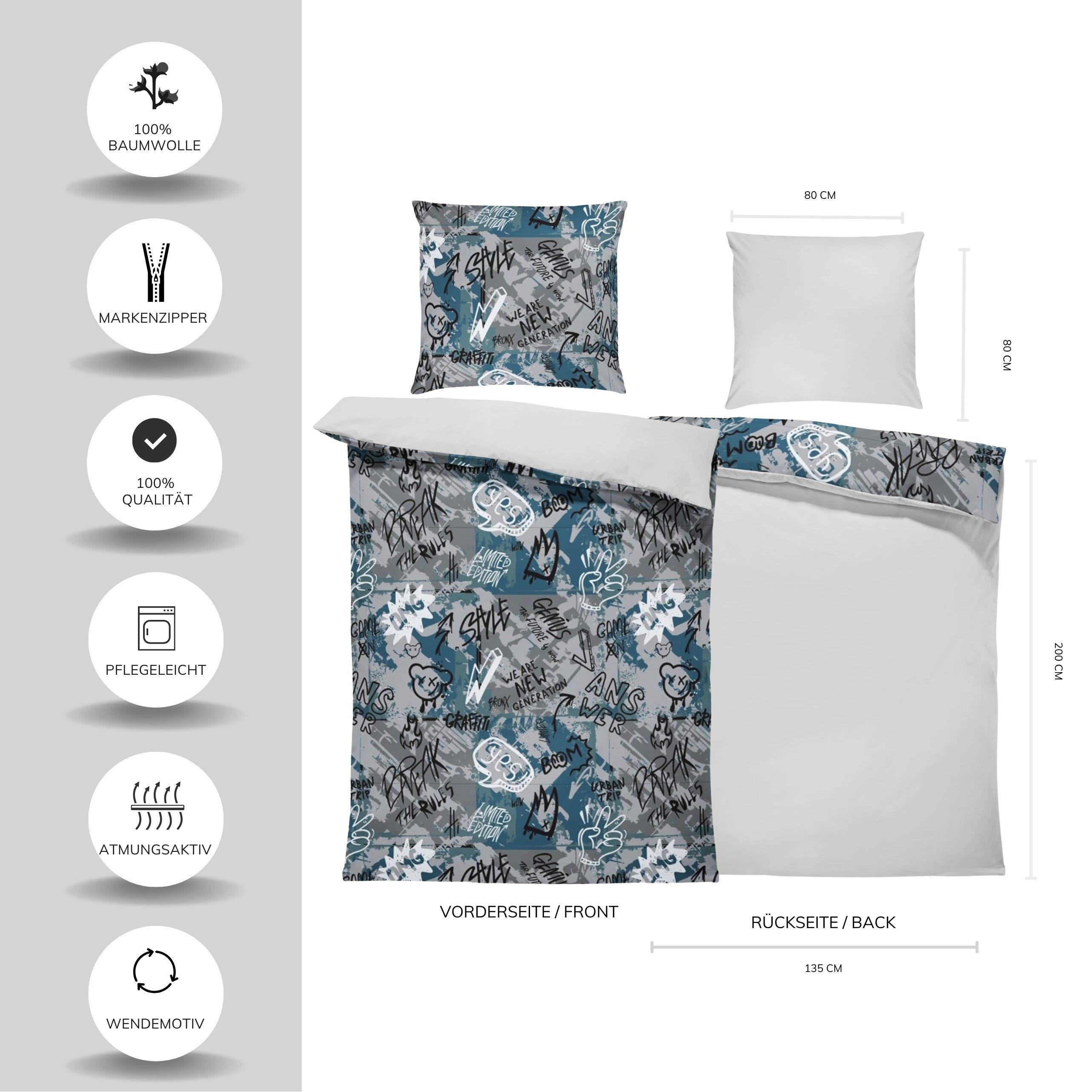 MTOnlinehandel Bettwäsche Graffiti 135x200 + 80x80 cm, Baumwolle Renforcé, Urban Style, 100% Baumwolle, 2 teilig, Street Art- Design in Grau-Blau – weich und pf – Bild 3 von 5