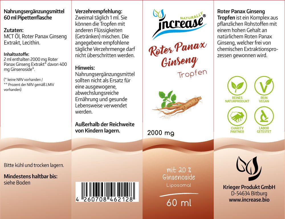 increase NATURALLY Liposomaler Roter Panax Ginseng - 2000mg pro Tag Tropfen, 60 ml