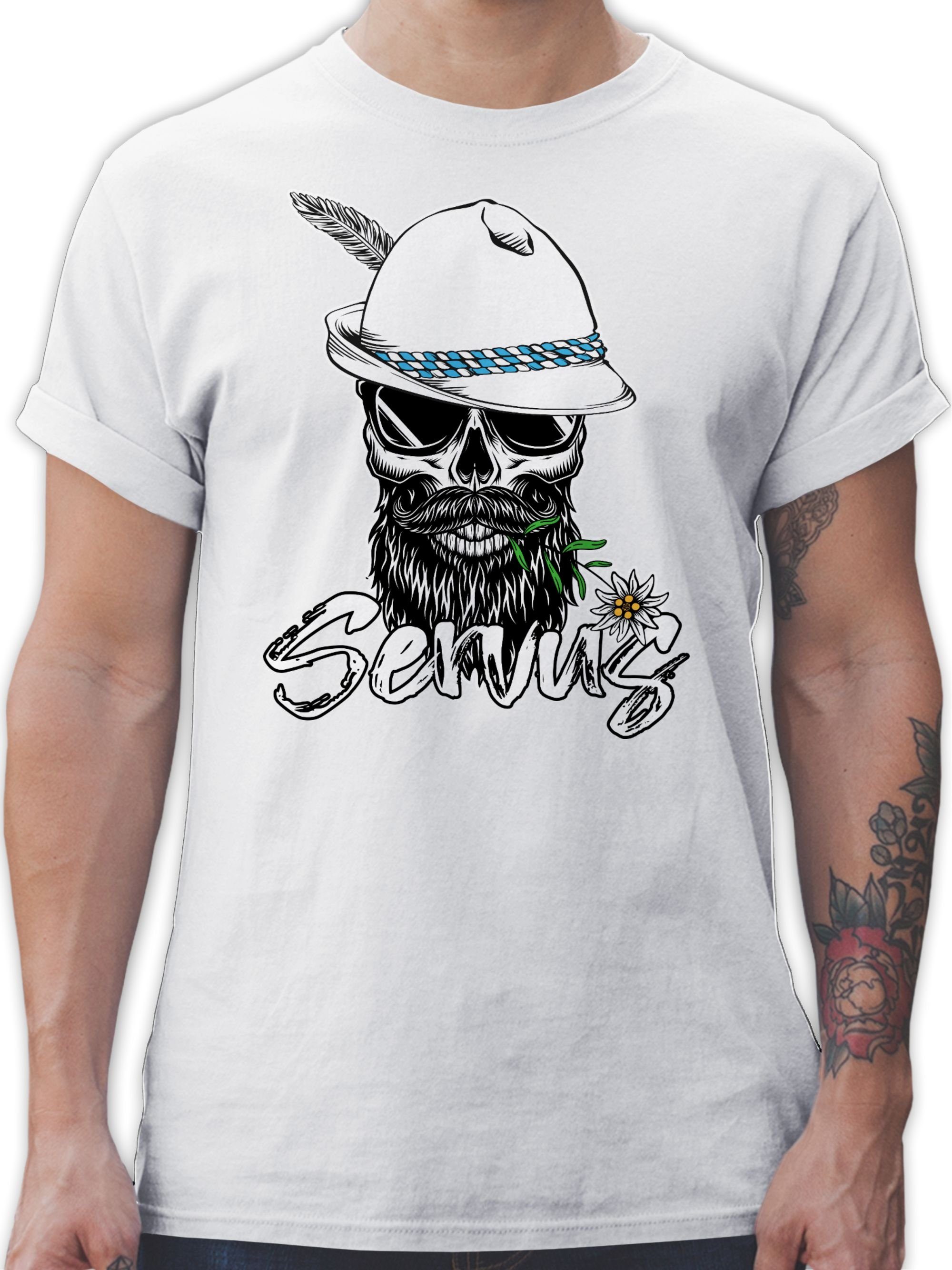 Shirtracer T-Shirt Servus Totenkopf Skull Bayrisch Mode für Oktoberfest Herren 02 Weiß