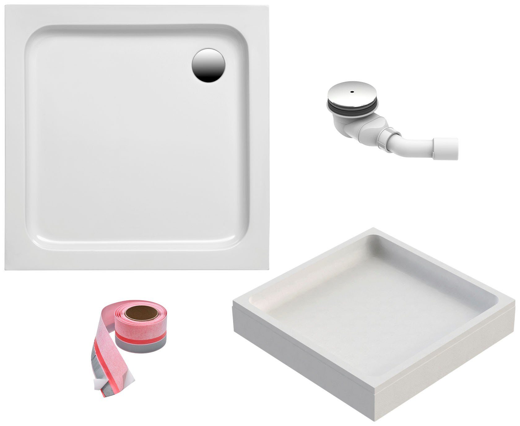 OTTOFOND Duschwanne, quadratisch, Sanitäracryl, Set, 90x90x6 cm, mit Wannenträger, Ablaufgarnitur und Fugendichtband