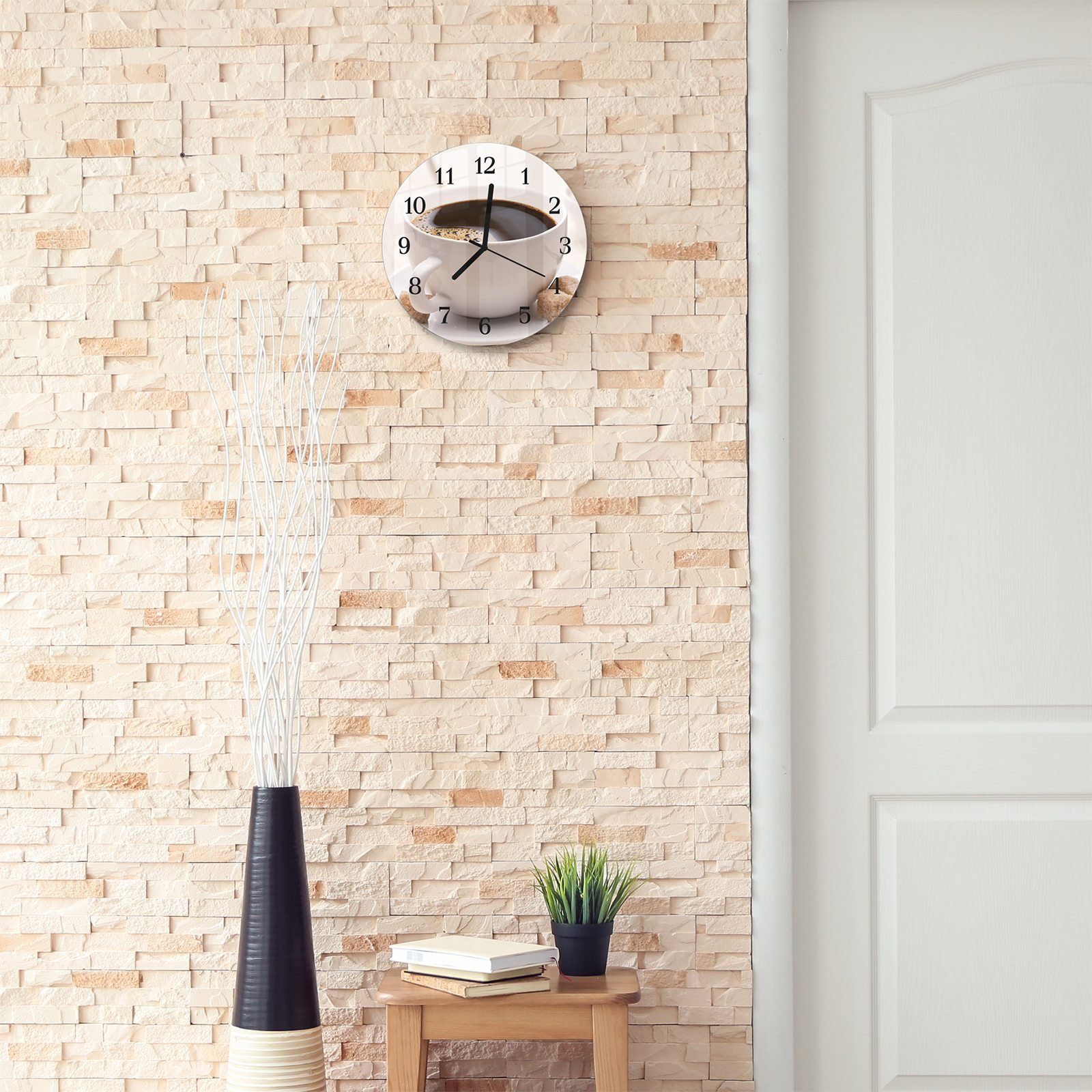 Primedeco Wanduhr Wanduhr aus Durchmesser Tasse Quarzuhrwerk Rund 30 mit Motiv und - cm Glas Kaffee mit