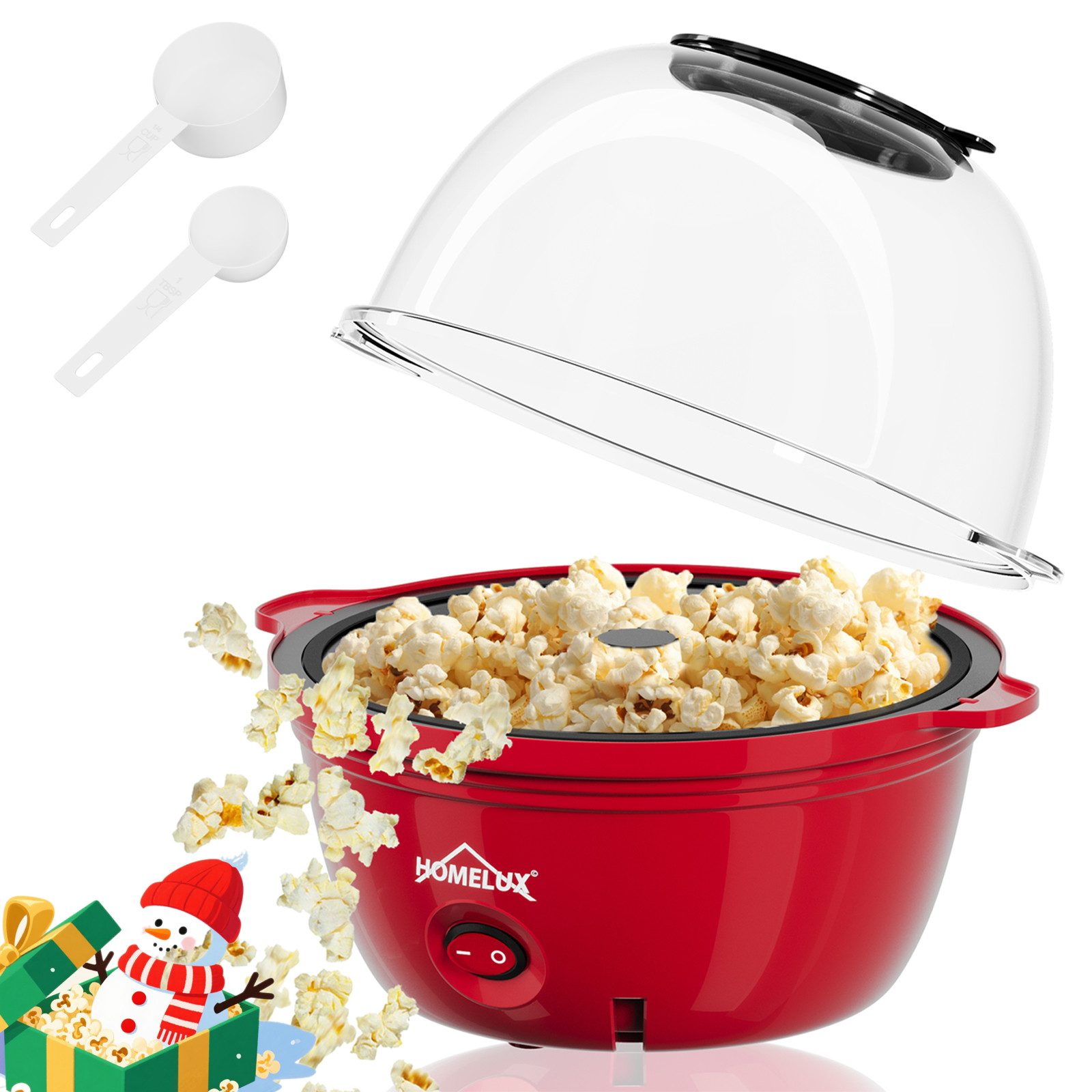 HOMELUX 2-in-1-Popcornmaschine Mini Popcorn Maschine 450W Popcorn Maker Snack Popper inkl. 2 Löffel, Retro-Design, Deckel als Servierschale, Automatisches Rühren