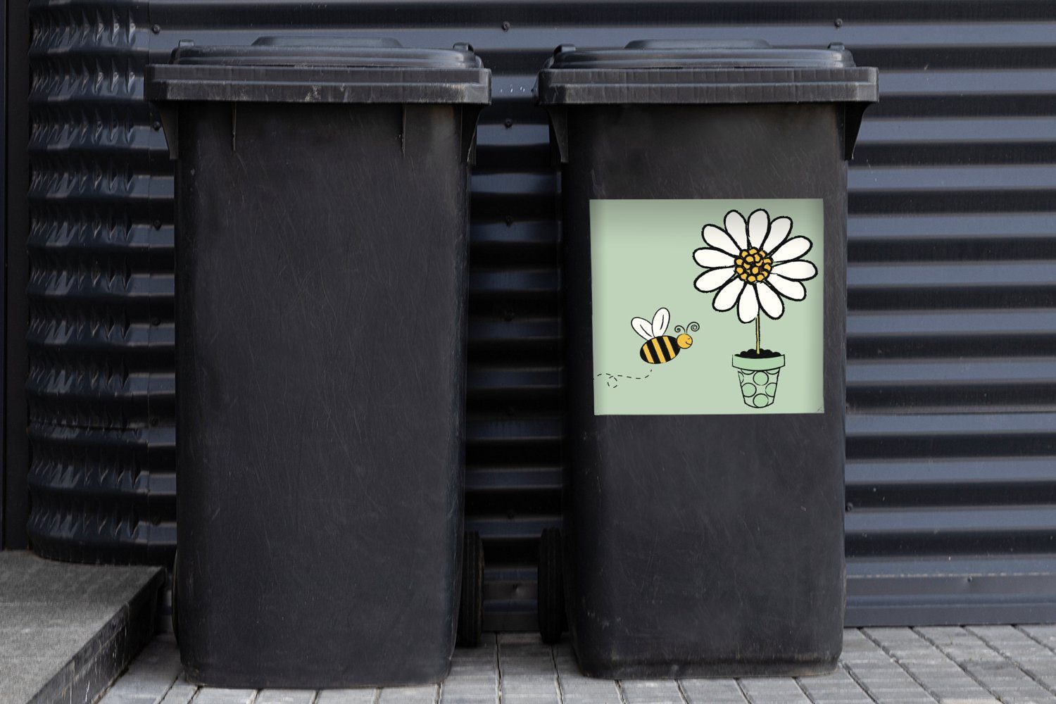 eine Sticker, die Biene, MuchoWow Wandsticker (1 Mülltonne, Mülleimer-aufkleber, weiße zufliegt St), Container, auf Illustration einer Abfalbehälter Blume