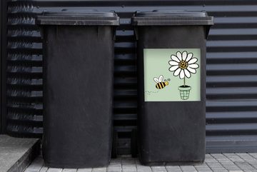 MuchoWow Wandsticker Illustration einer Biene, die auf eine weiße Blume zufliegt (1 St), Mülleimer-aufkleber, Mülltonne, Sticker, Container, Abfalbehälter