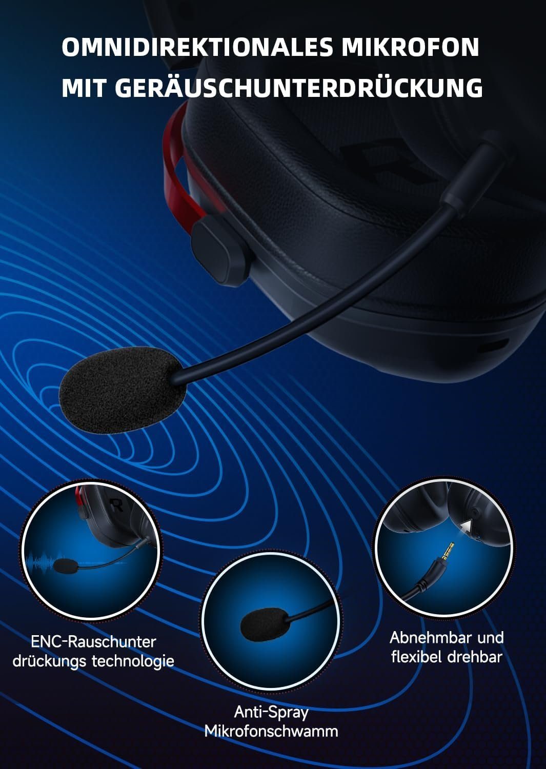 Gaming-Headset PS4, KAPEYDESI mit für kabelloses 60 erstaunliche 2,5 PC, für Bluetooth Ladezeit Spielen., unbegrenztes (Geringer Stunden Stunden Kopfhörer Switch) PS5, Bluetooth, Stromverbrauch, Mikrofon