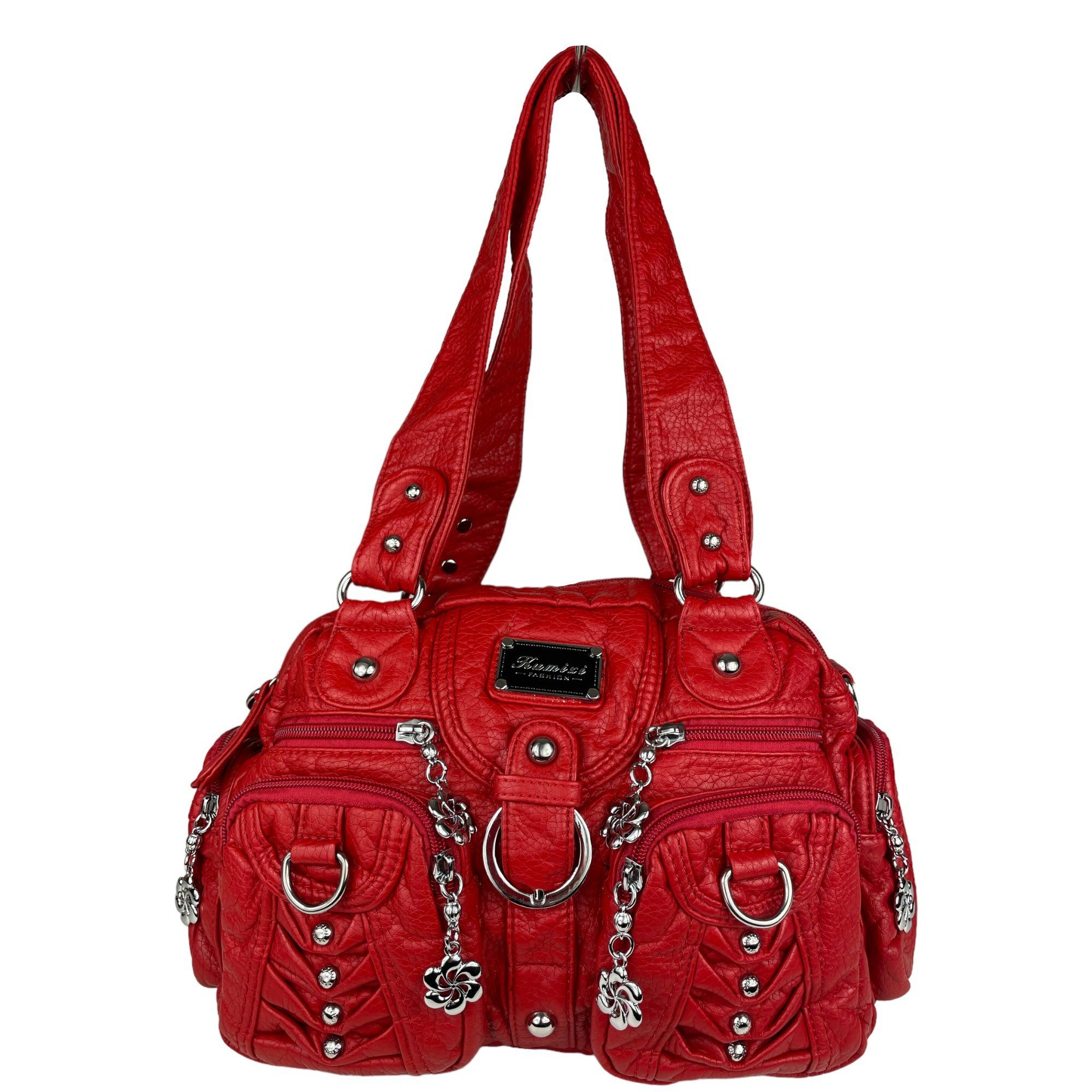 Taschen4life Schultertasche klassische Damen Handtasche (Schultertasche) mit Nieten AKW22032, viele Fächer, verstellbarer abnehmbarer Schulterriemen rot