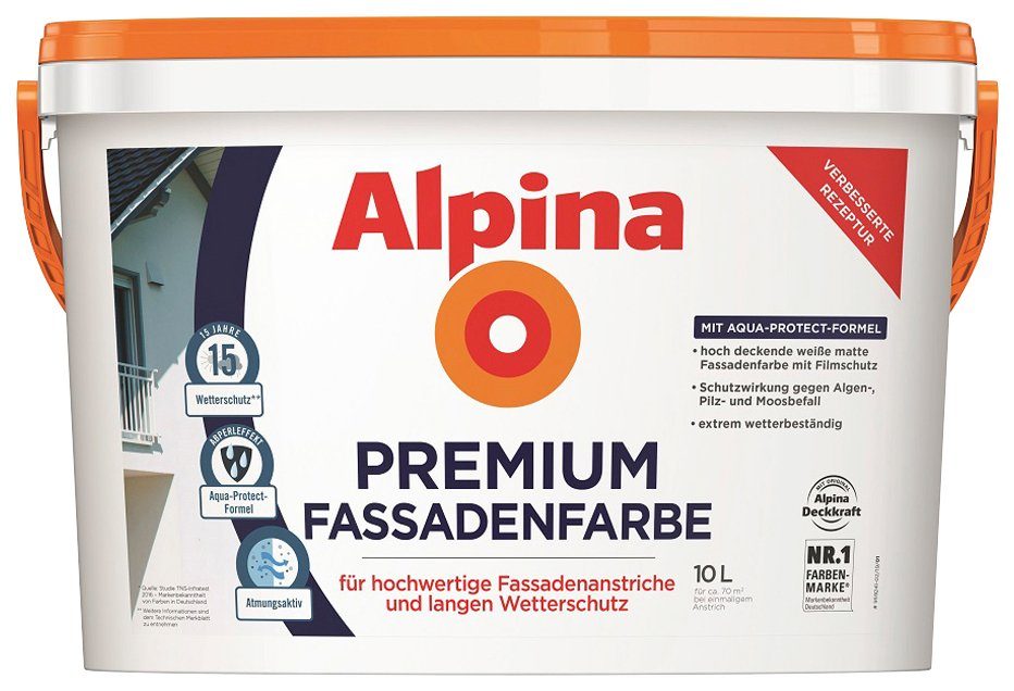 Alpina Wand- und Deckenfarbe Premium Fassadenfarbe weiß, matt, 10 Liter