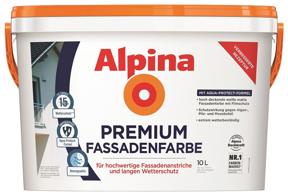 Alpina Wand- und Deckenfarbe Premium Fassadenfarbe weiß, matt, 10 Liter,  Für hochwertige Fassadenanstriche und langen Wetterschutz