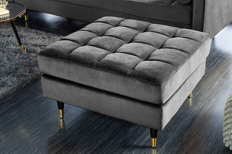 riess-ambiente Fußhocker COZY VELVET 80cm grau / schwarz gold (Einzelartikel, 1 St), Wohnzimmer · Samt · Federkern · Ziersteppung · Retro Design