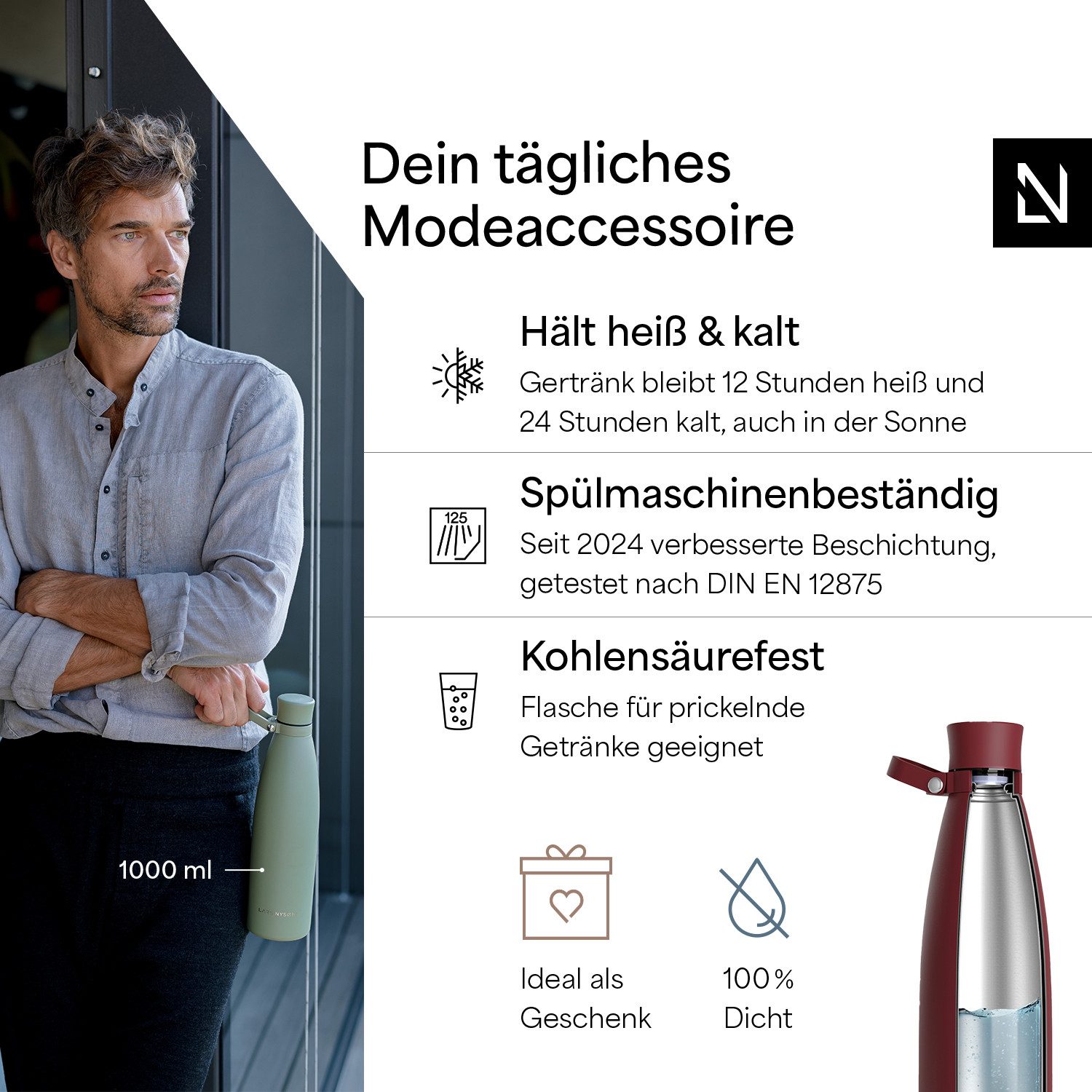 LARS NYSØM Thermoflasche Nåde, Vakuum Isolierung & Trageschlaufe: 12h heiß / 24h kühl