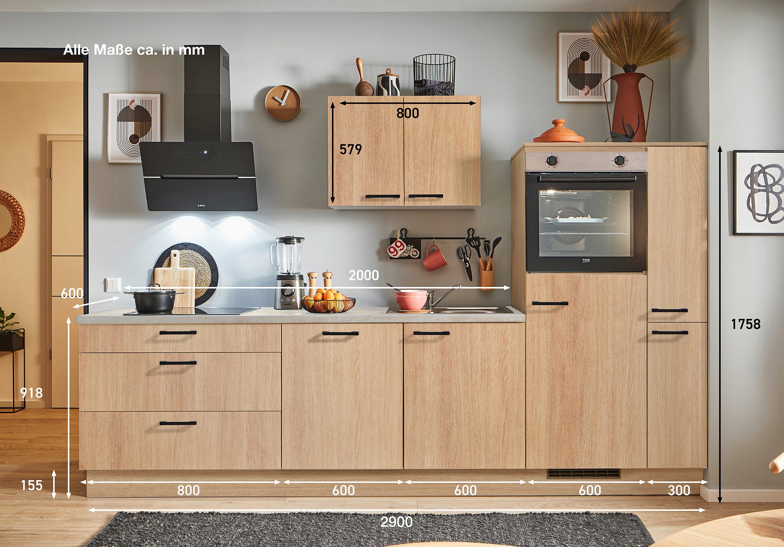 pino Küchenzeile Stockholm, individuell anpassbar, gratis Küchenplanung mit Profis, (Breite 290cm), vormontiert, wahlw. mit E-Geräten, Preis inkl. Lieferung