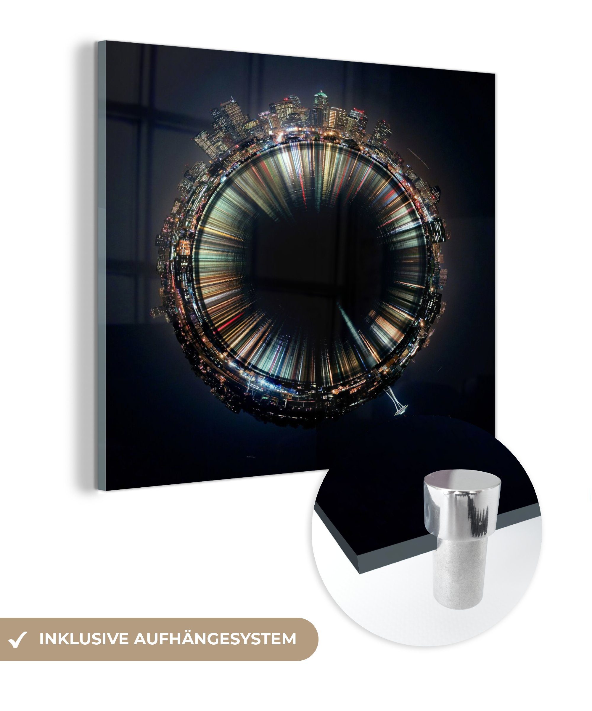 MuchoWow Acrylglasbild Space Needle in einer 360-Grad-Ansicht, (1 St), Glasbilder - Bilder auf Glas Wandbild - Foto auf Glas - Wanddekoration