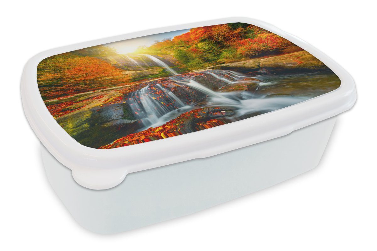 MuchoWow Lunchbox Wasserfall - Natur - Herbst - Rot - Wasser, Kunststoff, (2-tlg), Brotbox für Kinder und Erwachsene, Brotdose, für Jungs und Mädchen weiß
