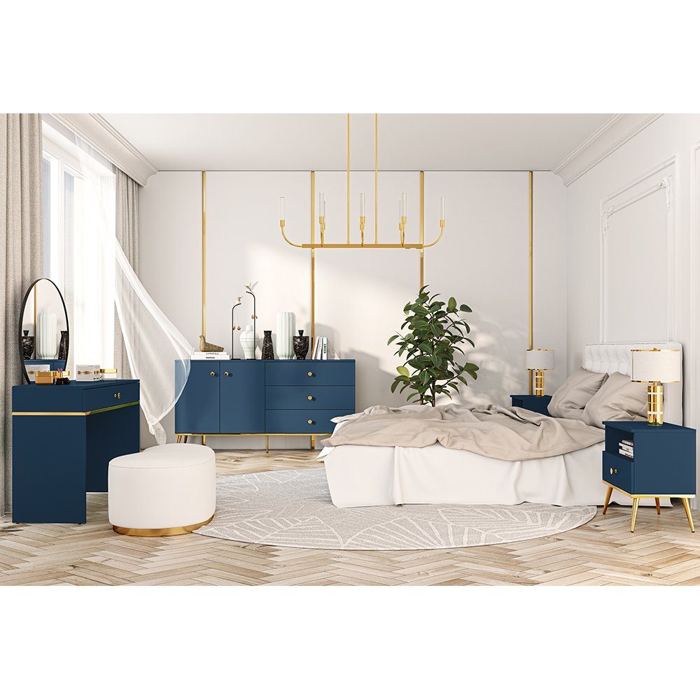 Lomadox Schlafzimmer-Set MONTPELLIER-131, (Spar-Set, 4-St), in dunkelblau mit goldfarbenen Füße und Griffen