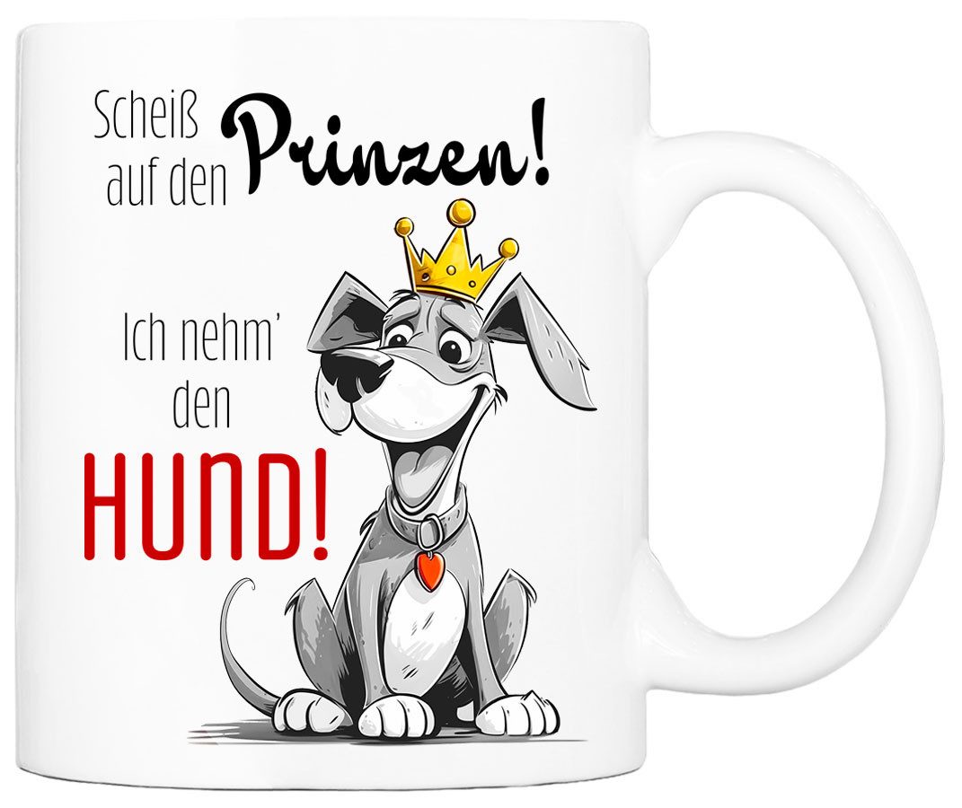 Cadouri Tasse SCHEISS AUF DEN PRINZEN Kaffeetasse mit Spruch - für Hundefreunde, Keramik, mit Hundespruch, beidseitig bedruckt, handgefertigt, Geschenk, 330 ml