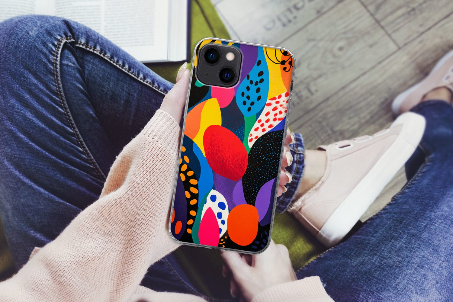 MuchoWow Handyhülle für Apple iPhone 13 Blumen - Blätter - Abstrakt - Rot, Smartphone-Bumper, Print, Handy Schutzhülle Dünn