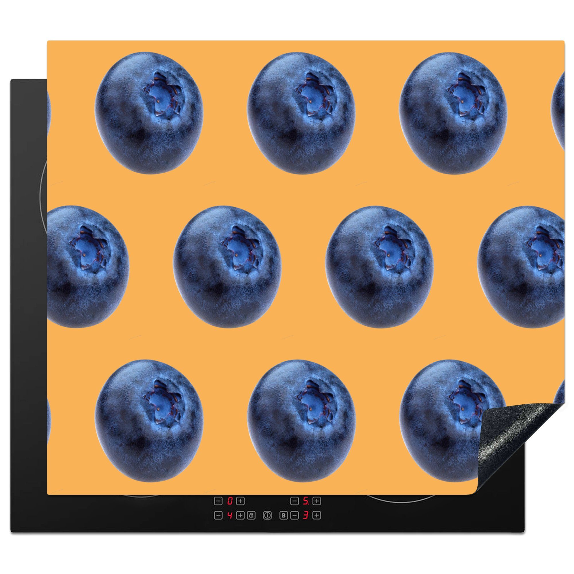 MuchoWow Herdblende-/Abdeckplatte Blaue Beere - Orange - Muster, Vinyl, (1 tlg), 59x52 cm, Ceranfeldabdeckung für die küche, Induktionsmatte